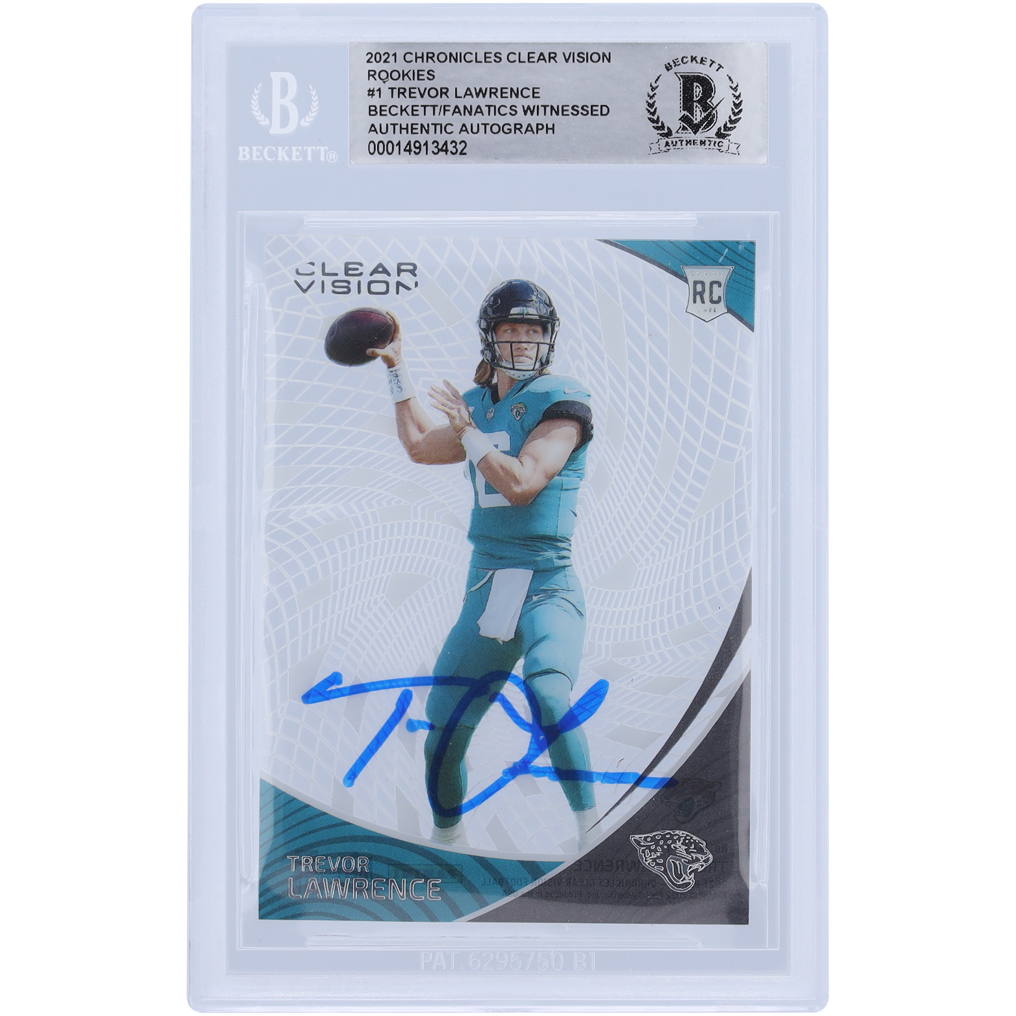 Trevor Lawrence Jacksonville Jaguars signierte 2021 Panini Chronicles Clear Vision #CVR-1 Beckett Fanatics bezeugte authentifizierte Rookie-Karte