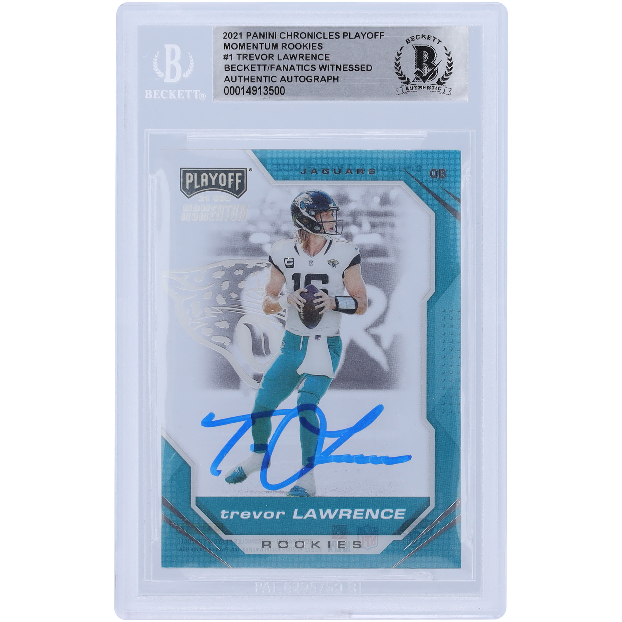 Trevor Lawrence Jacksonville Jaguars signierte 2021 Panini Chronicles Playoff Momentum #PMR-1 Beckett Fanatics bezeugte authentifizierte Rookie-Karte