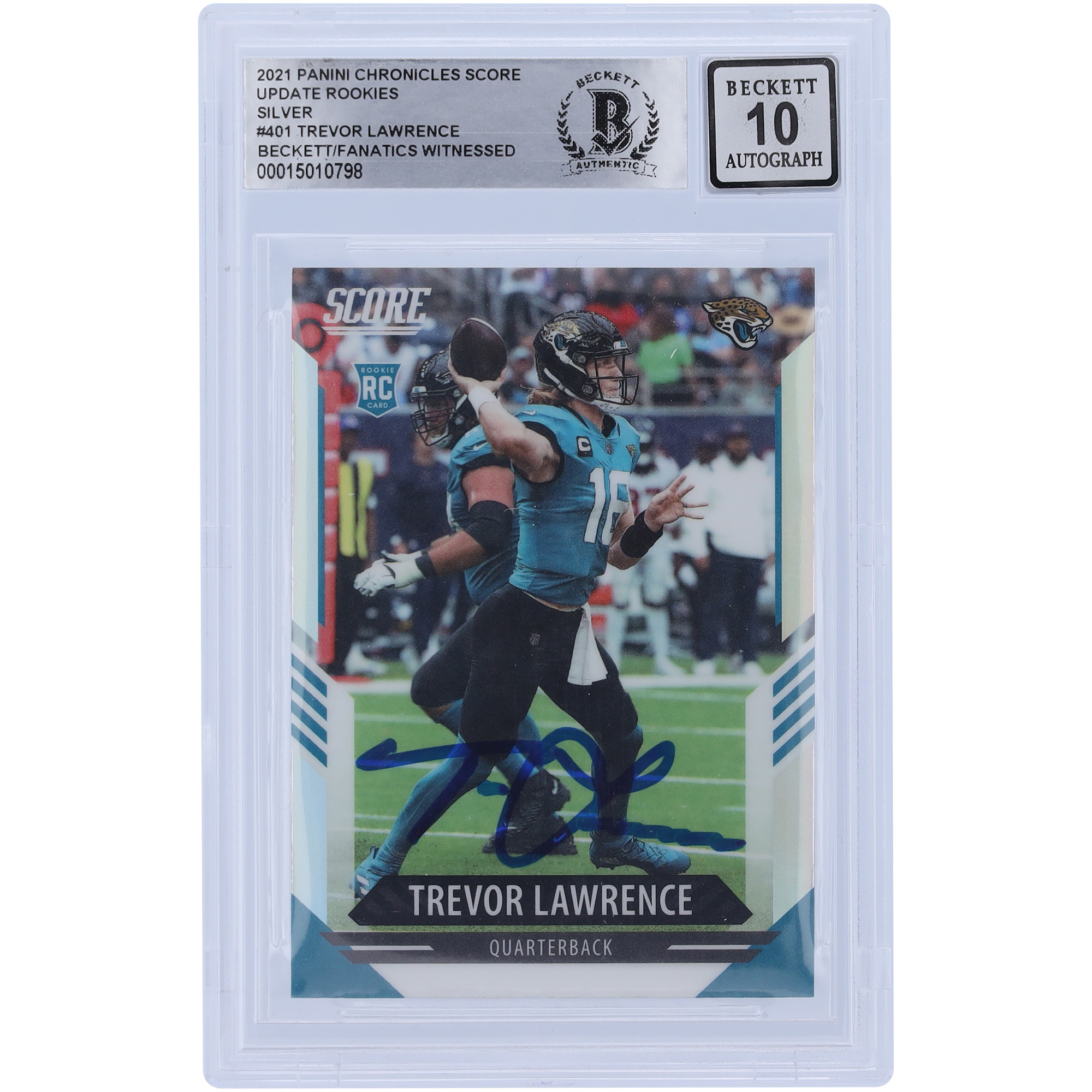 Trevor Lawrence Jacksonville Jaguars signierte 2021 Panini Chronicles Score Update Silber #401 Beckett Fanatics bezeugte authentifizierte 10 Rookie-Karte