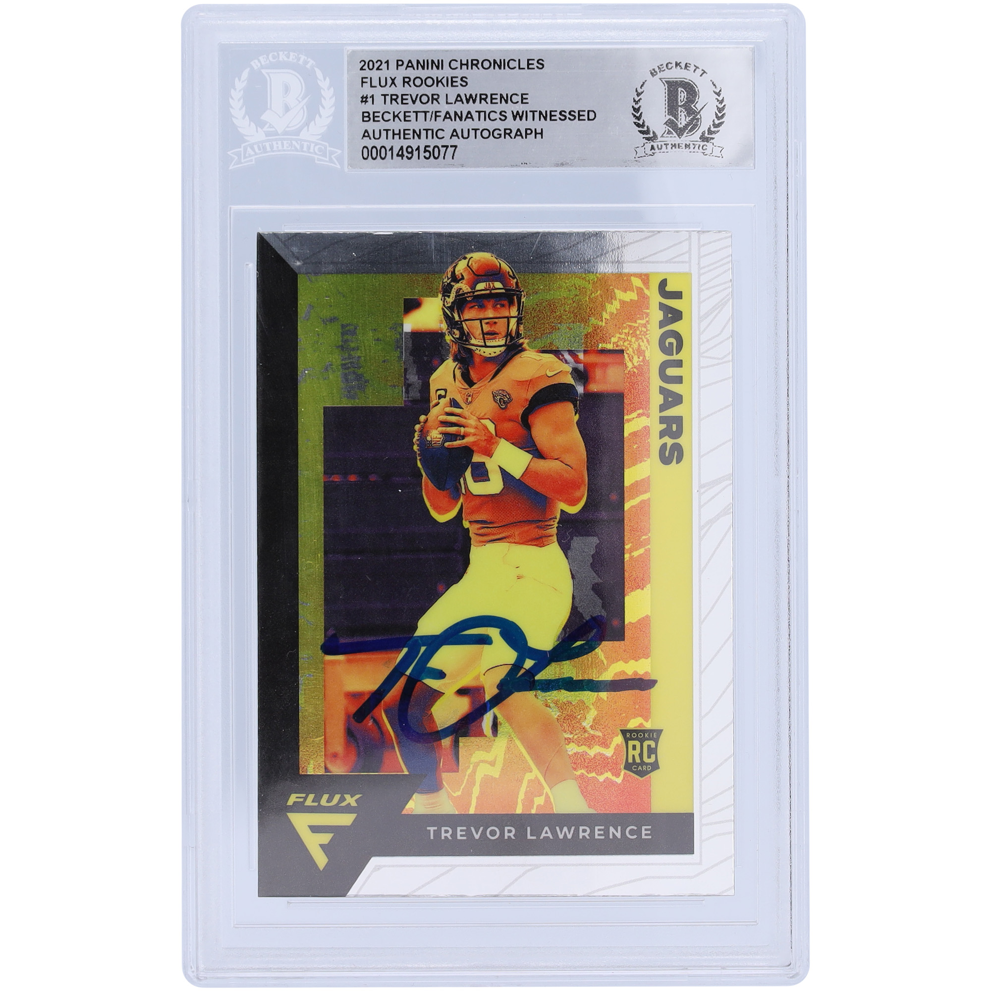 Trevor Lawrence Jacksonville Jaguars signierte 2021 Panini Chronicles Flux #FX-1 Beckett Fanatics bezeugte authentifizierte Rookie-Karte