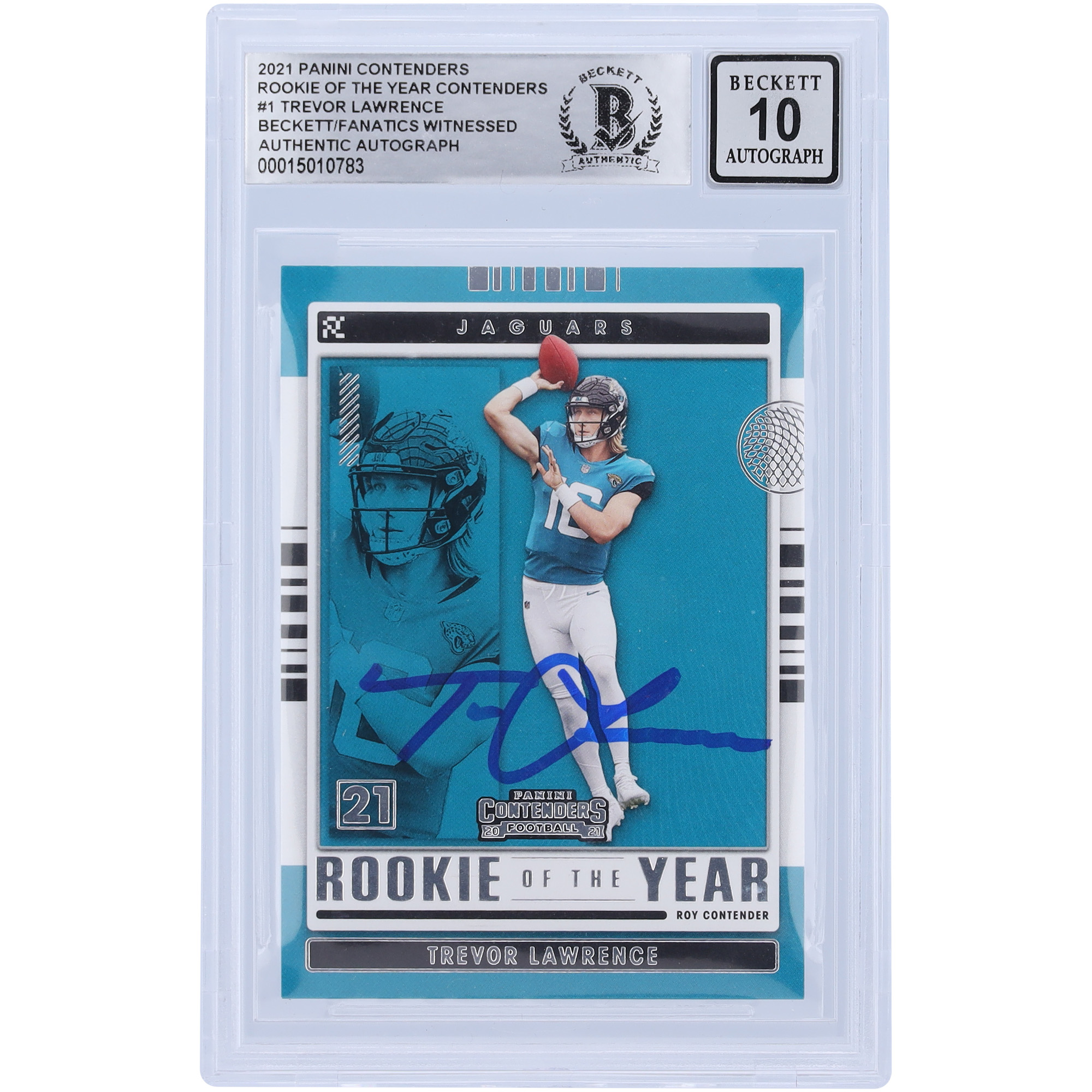 Trevor Lawrence Jacksonville Jaguars signiert 2021 Panini Contenders Rookie des Jahres #ROY-TLR Beckett Fanatics bezeugt authentifizierte 10 Rookie-Karte