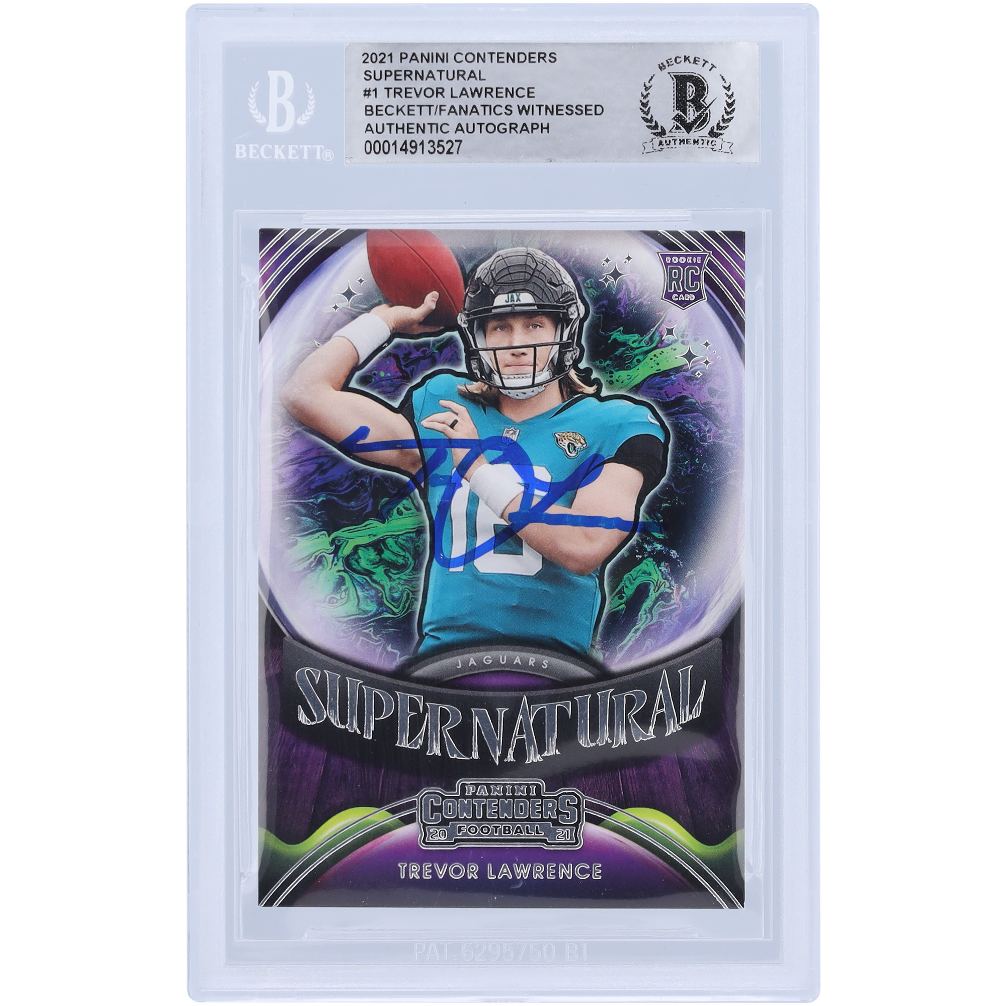 Trevor Lawrence Jacksonville Jaguars signierte 2021 Panini Contenders Supernatural #SN-TLR Beckett Fanatics bezeugte authentifizierte Rookie-Karte