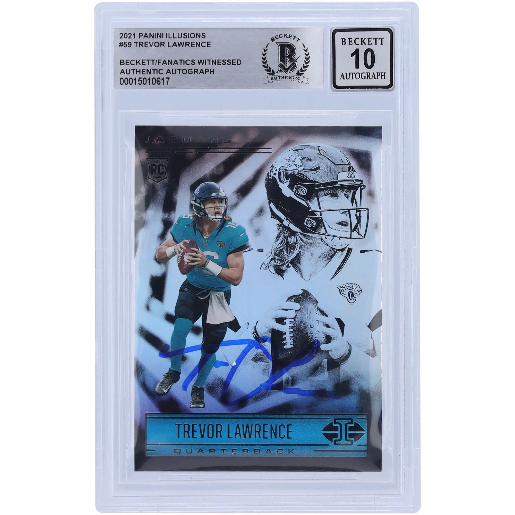 Trevor Lawrence Jacksonville Jaguars signiert 2021 Panini Illusions #59 Beckett Fanatics Zeuge authentifizierte 10 Rookie-Karte