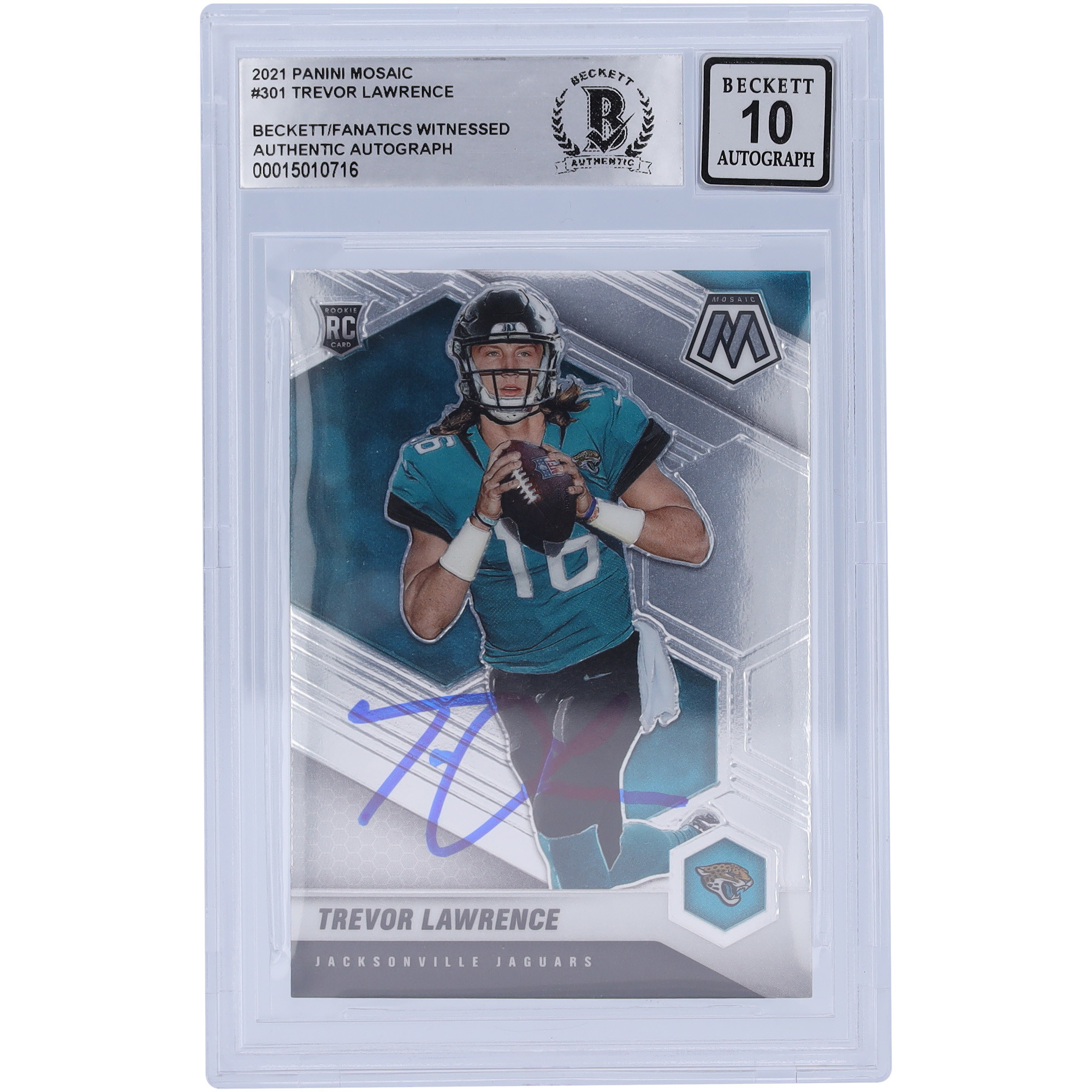 Trevor Lawrence Jacksonville Jaguars signiert 2021 Panini Mosaik #301 Beckett Fanatics bezeugt authentifiziert 10 Rookie-Karte