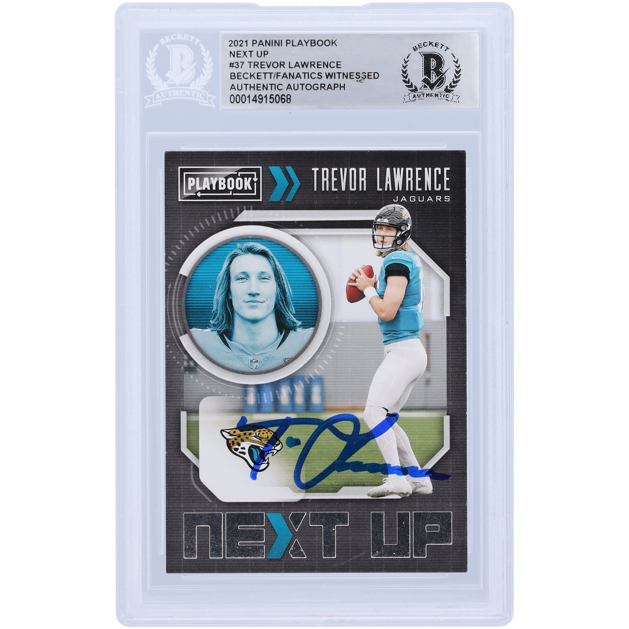 Trevor Lawrence Jacksonville Jaguars signiertes 2021 Panini Playbook Next Up #NXT-TRL Beckett Fanatics bezeugte authentifizierte Rookie-Karte