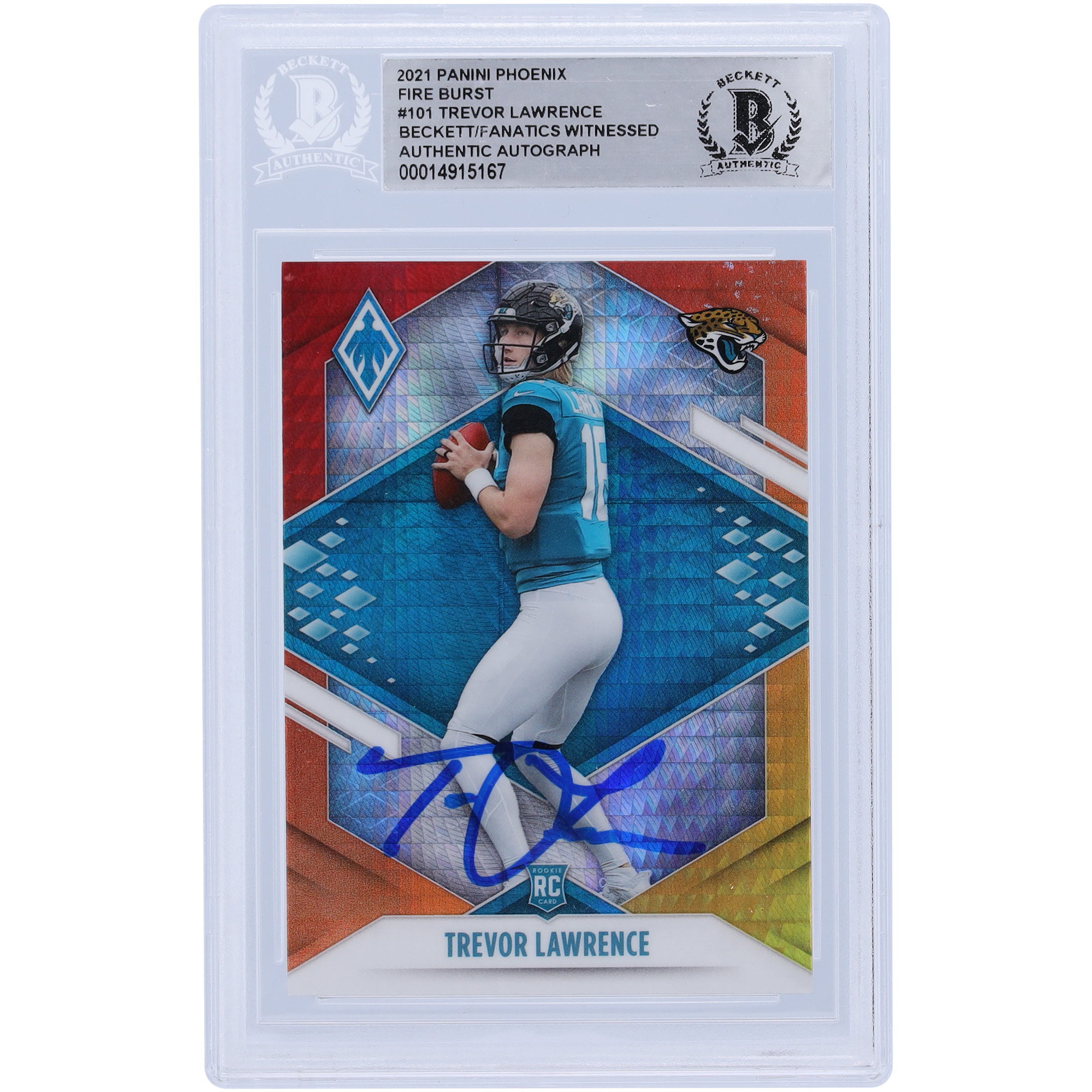 Trevor Lawrence Jacksonville Jaguars signierte 2021 Panini Phoenix Fire Burst #101 Beckett Fanatics bezeugte authentifizierte Rookie-Karte