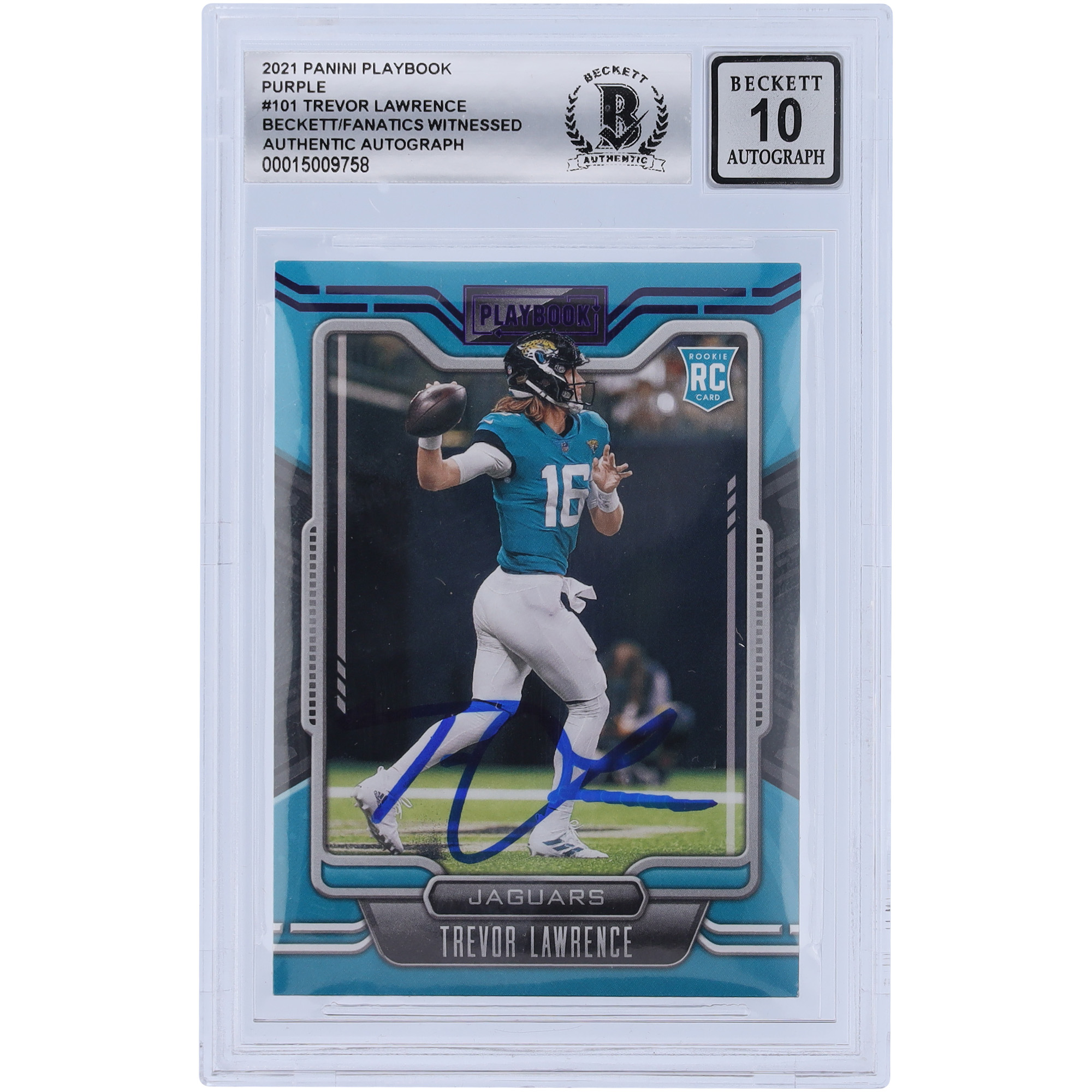 Trevor Lawrence Jacksonville Jaguars signiertes 2021 Panini Playbook Lila #101 Beckett Fanatics Zeuge authentifizierte 10 Rookie-Karte