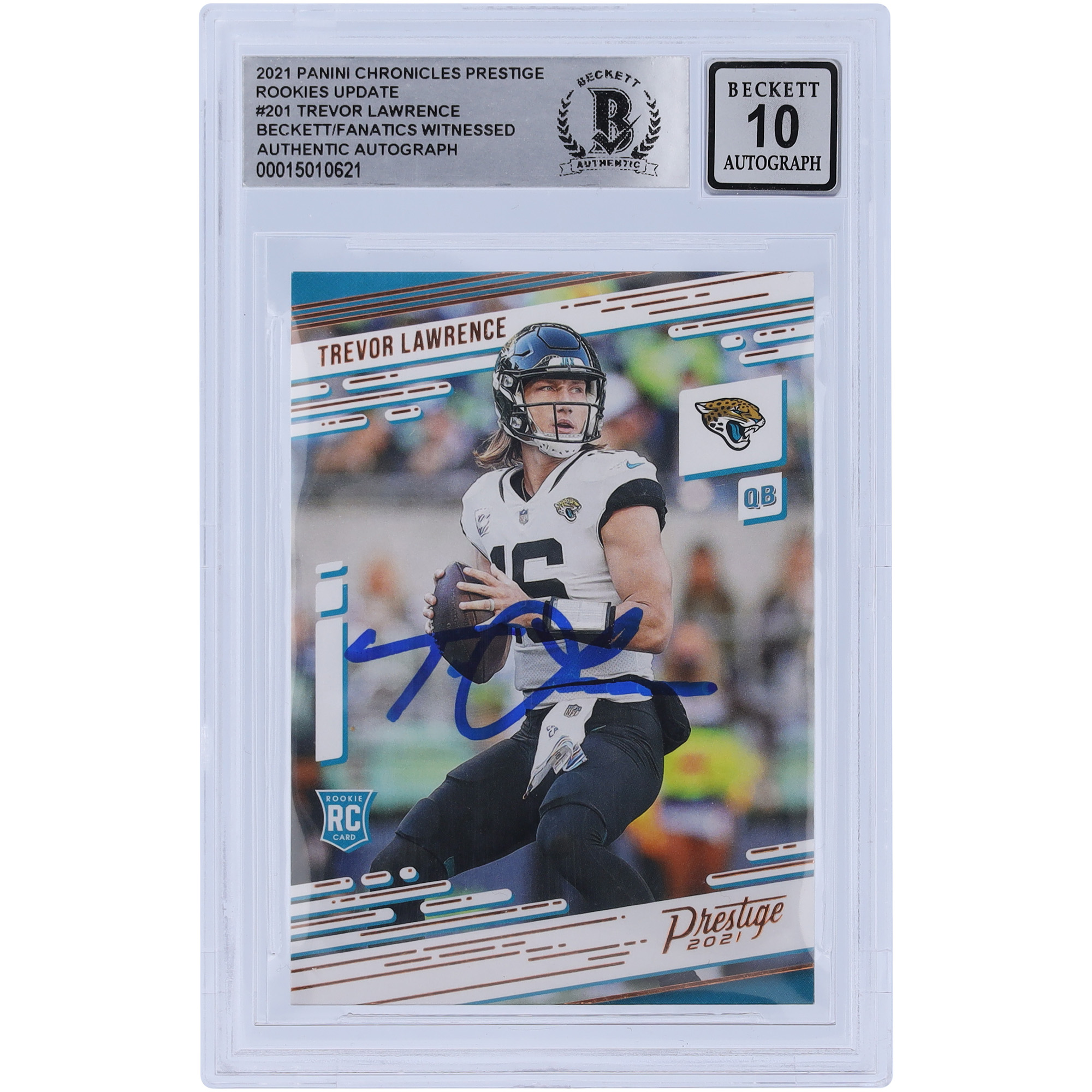 Trevor Lawrence Jacksonville Jaguars signiert 2021 Panini Chronicles Prestige Update #201 Beckett Fanatics bezeugt authentifizierte 10 Rookie-Karte