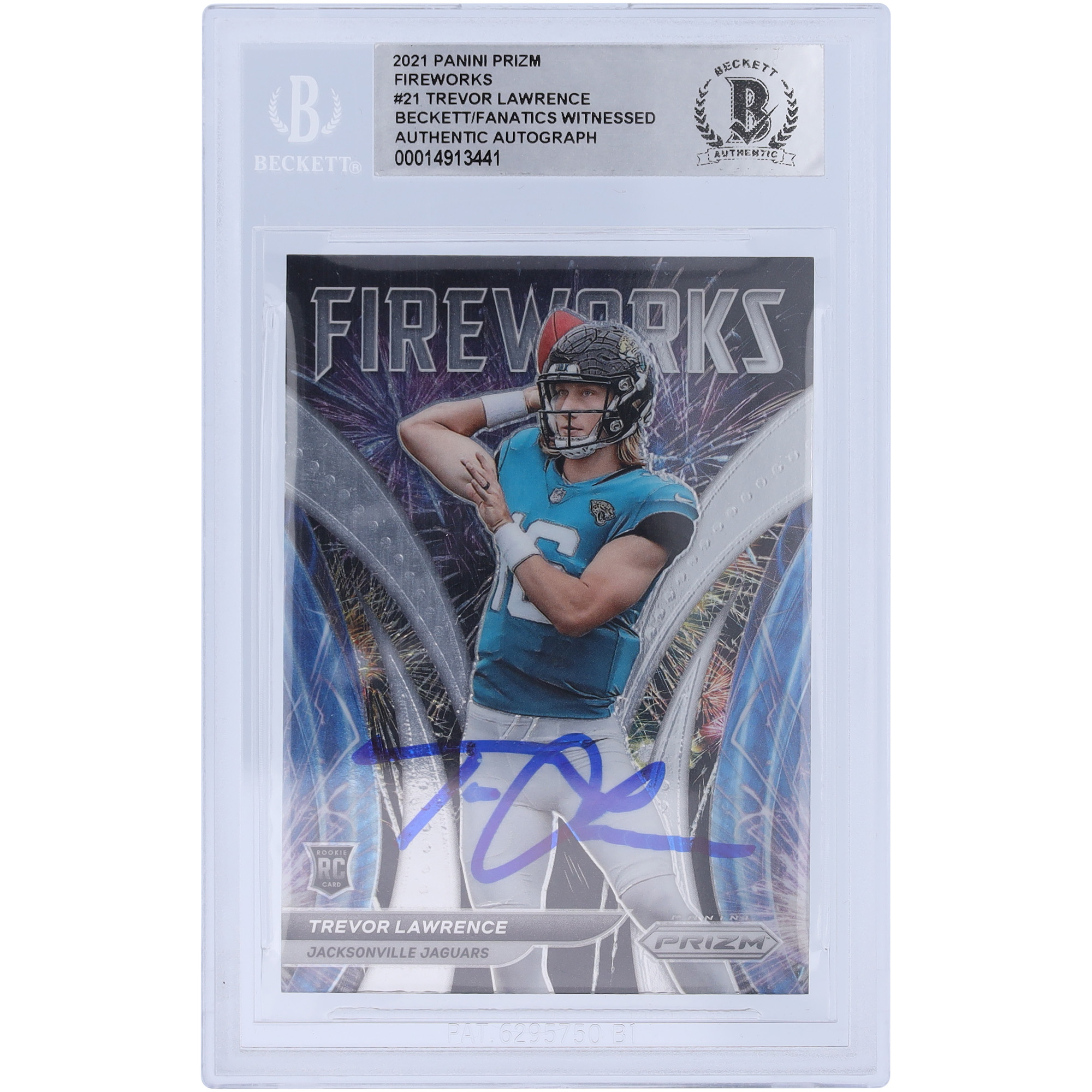 Trevor Lawrence Jacksonville Jaguars signierte 2021 Panini Prizm Fireworks #F-21 Beckett Fanatics bezeugte authentifizierte Rookie-Karte