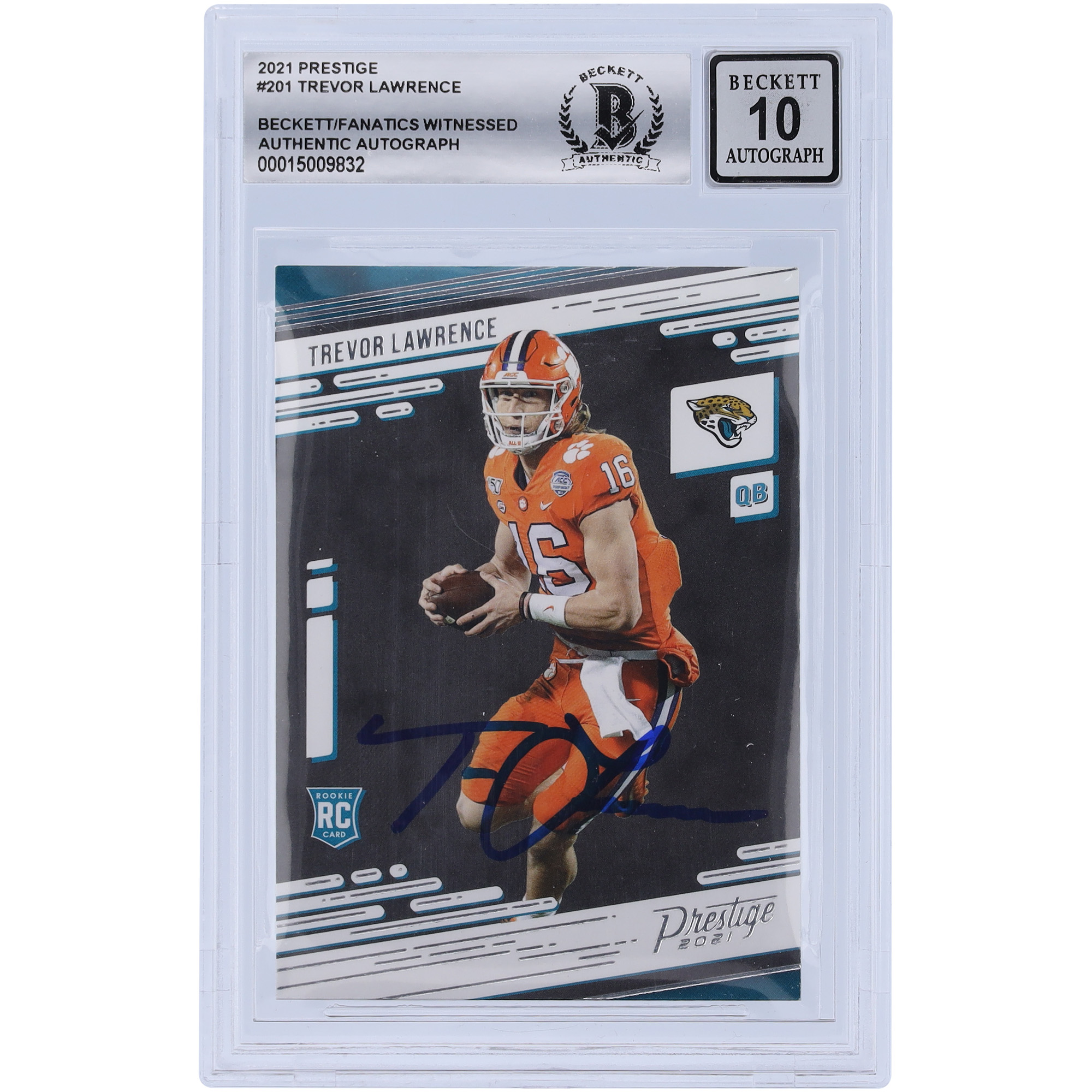 Trevor Lawrence Jacksonville Jaguars signiert 2021 Panini Prestige #201 Beckett Fanatics bezeugt authentifiziert 10 Rookie-Karte