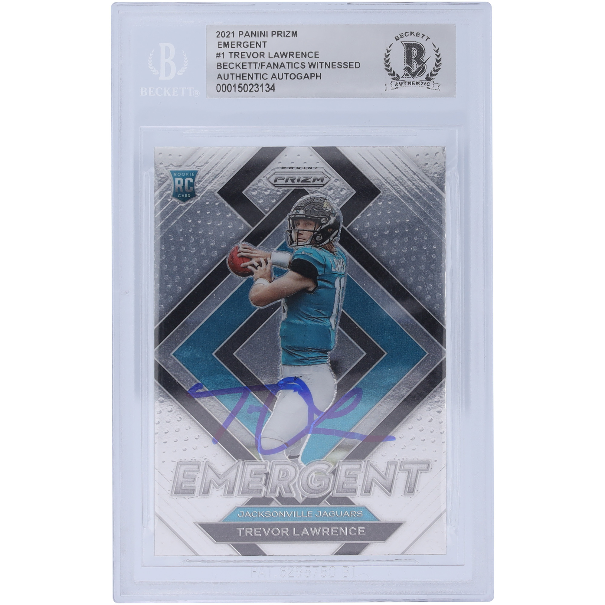 Trevor Lawrence Jacksonville Jaguars signierte 2021 Panini Prizm Emergent #E-1 Beckett Fanatics bezeugte authentifizierte Rookie-Karte