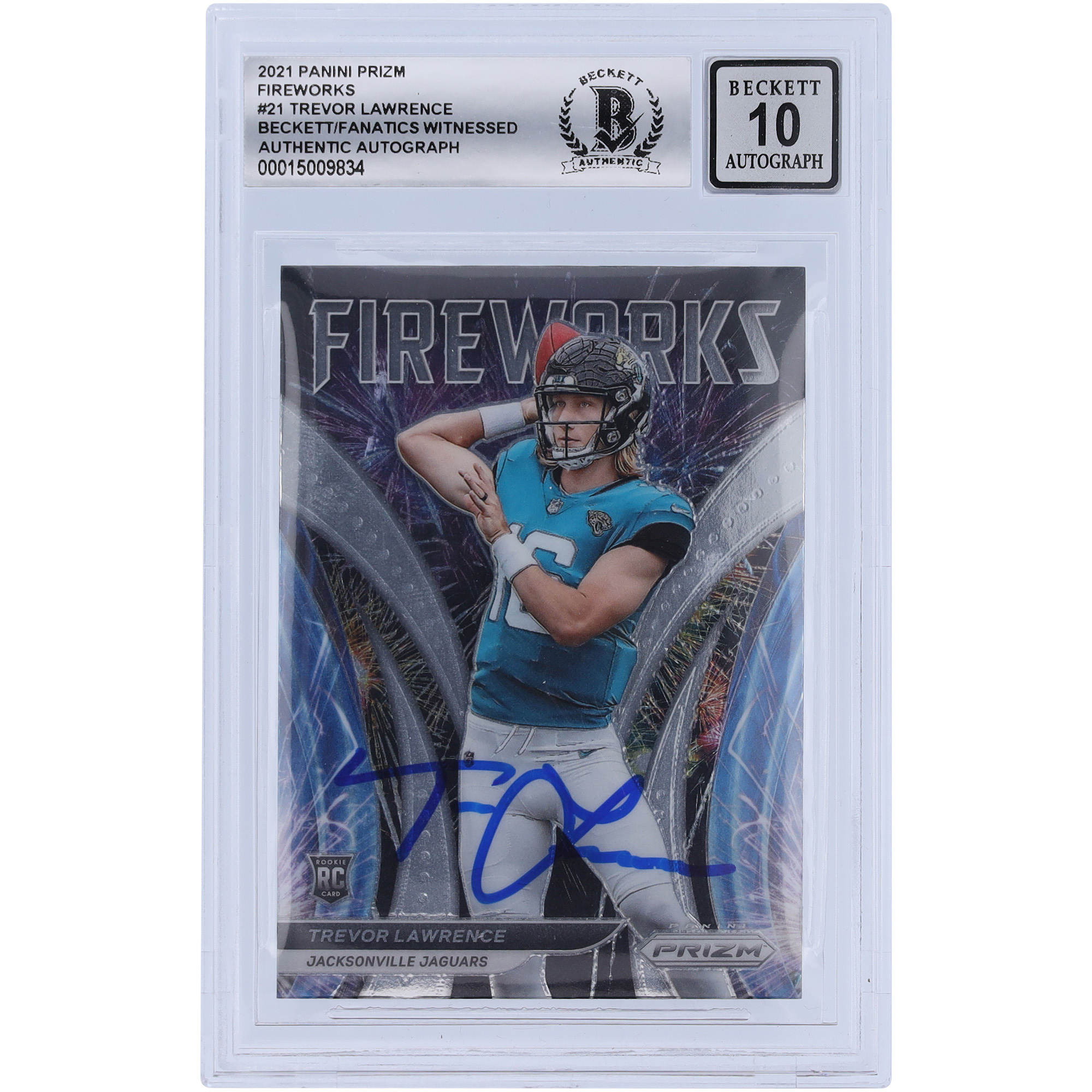 Trevor Lawrence Jacksonville Jaguars signiert 2021 Panini Prizm Feuerwerk #F-21 Beckett Fanatics Zeuge authentifizierte 10 Rookie-Karte