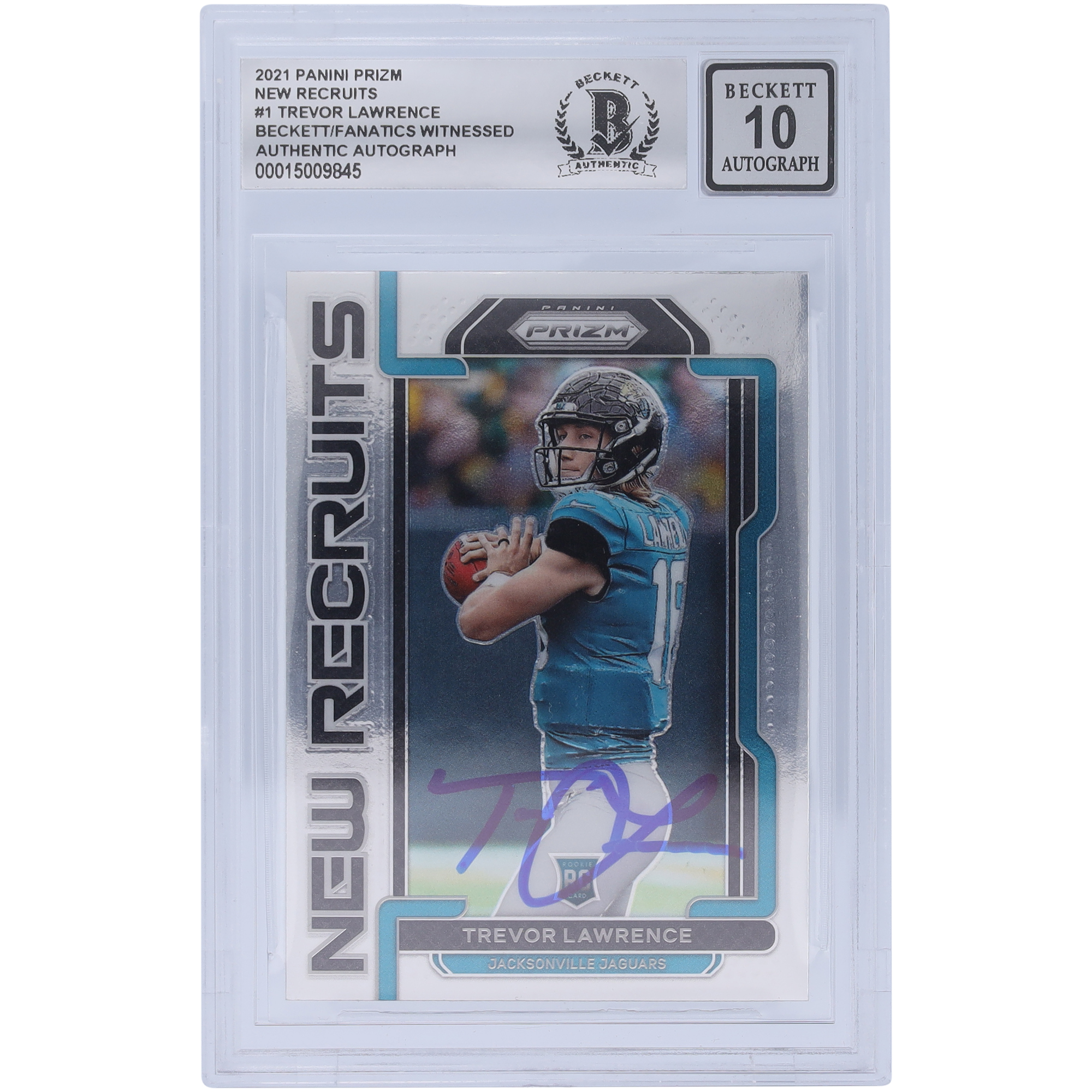 Trevor Lawrence Jacksonville Jaguars signierte 2021 Panini Prizm New Recruits #NR-1 Beckett Fanatics bezeugte authentifizierte 10 Rookie-Karte