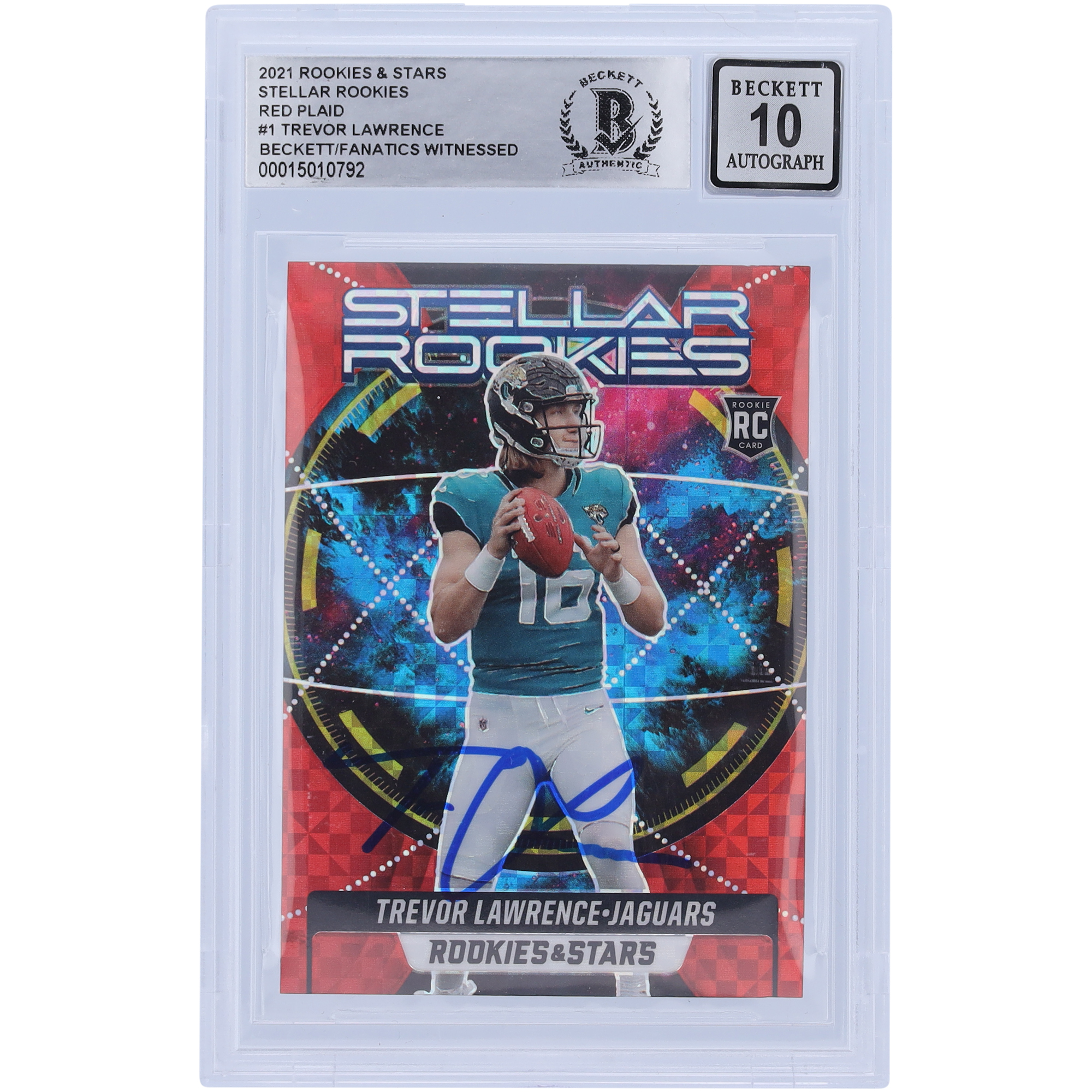 Trevor Lawrence Jacksonville Jaguars signierte 2021 Panini Rookies und Stars Stellar Rookies Red #SR-1 Beckett Fanatics bezeugte authentifizierte 10 Rookie-Karte