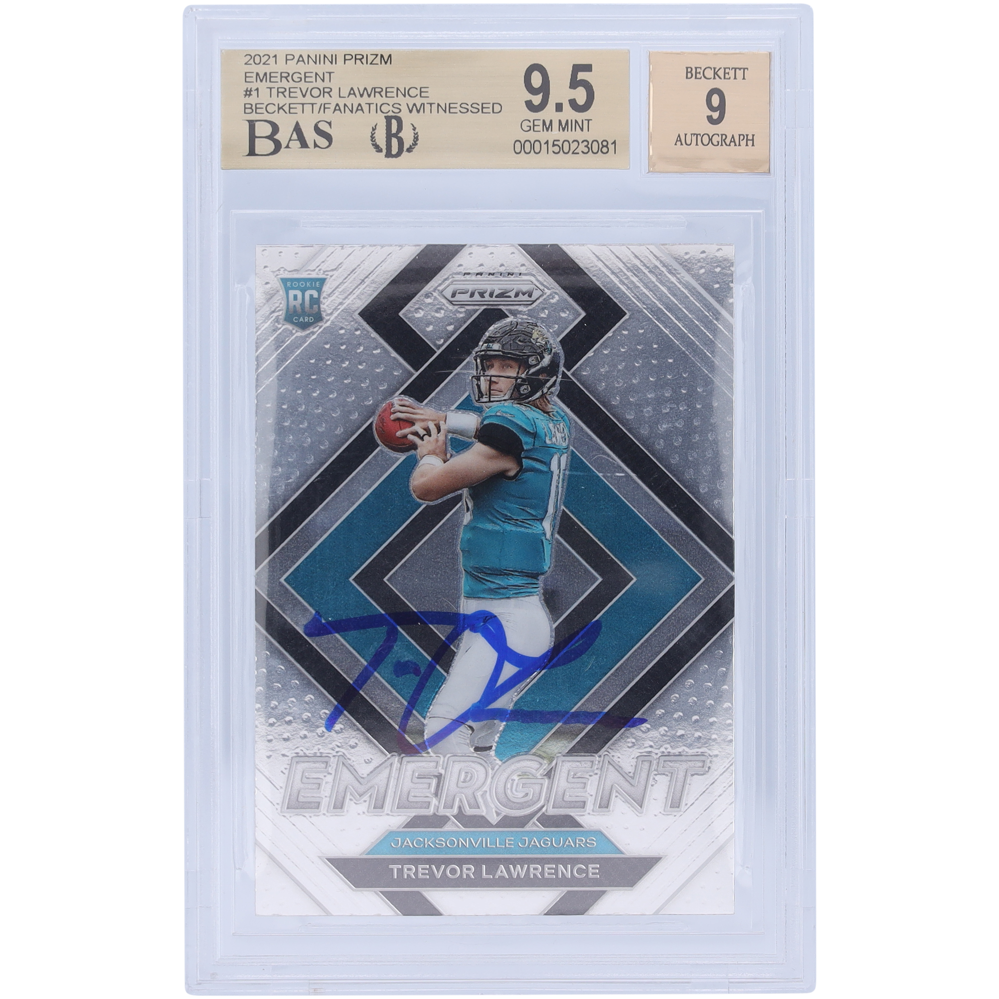 Trevor Lawrence Jacksonville Jaguars signierte 2021 Panini Prizm Emergent #E-1 Beckett Fanatics bezeugte authentifizierte 9,5/9 Rookie-Karte – 9,5/10/9,5/9 Untergrades