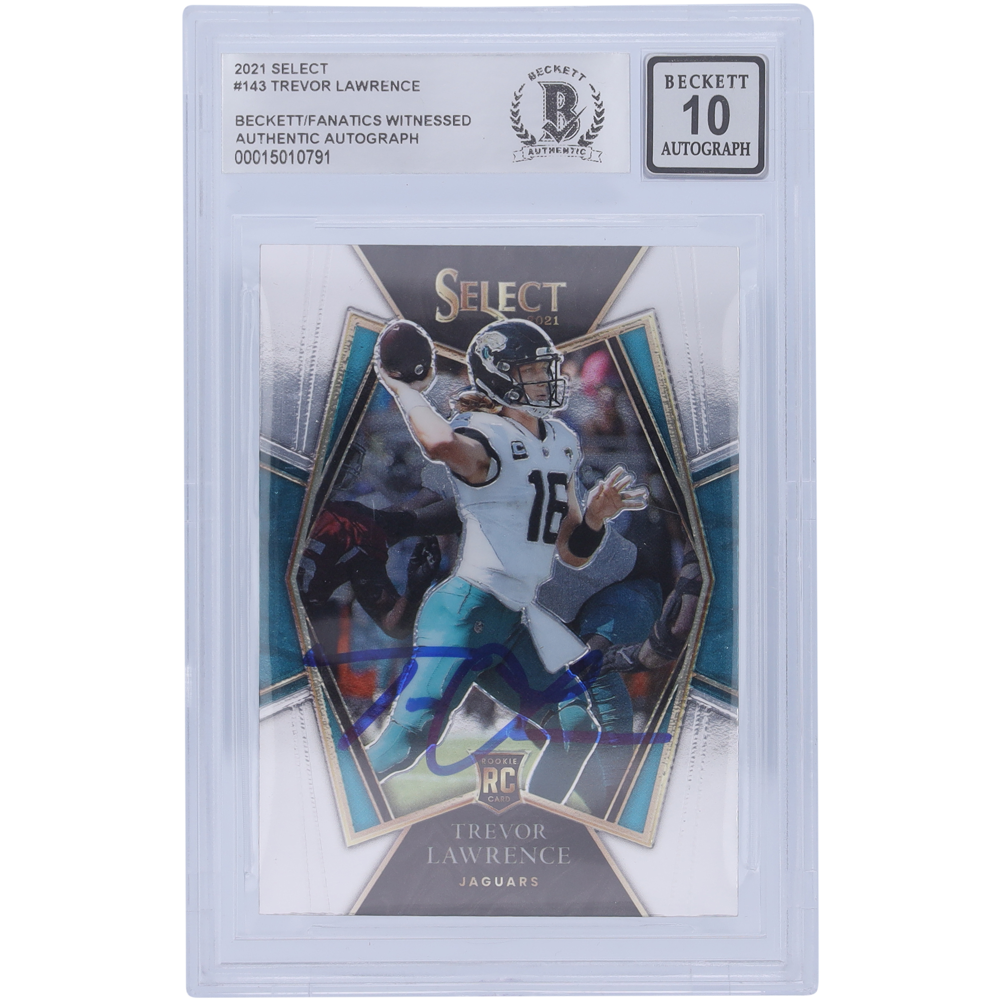 Trevor Lawrence Jacksonville Jaguars signierte 2021 Panini Select Premier Level #143 Beckett Fanatics bezeugte authentifizierte 10 Rookie-Karte