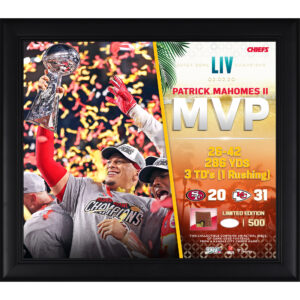 Patrick Mahomes Kansas City Chiefs – gerahmte Collage im Super Bowl LIV MVP-Stil, 15 x 17 Zoll, mit einem Stück eines im Spiel verwendeten Footballs – limitierte Auflage von 500 Stück