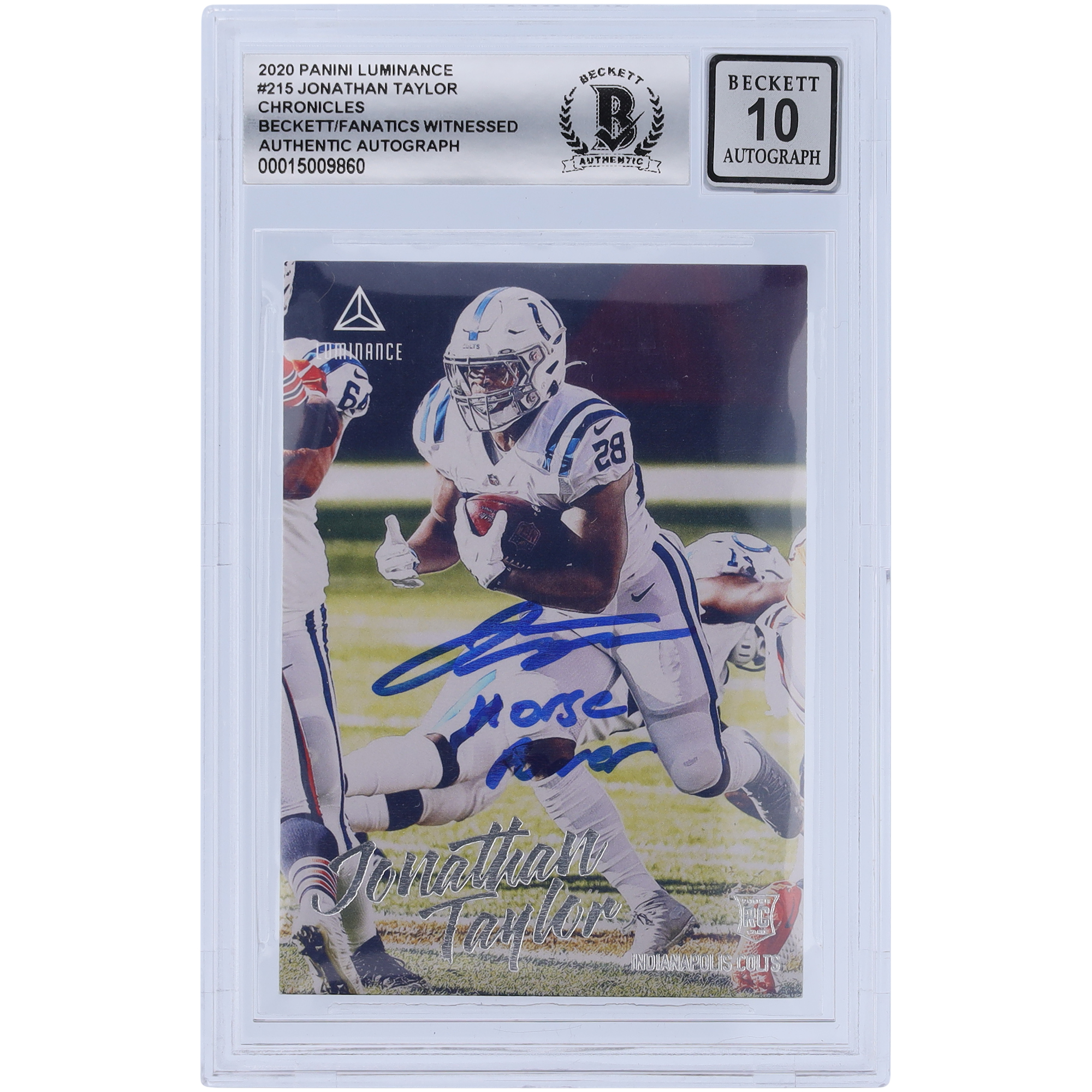 Jonathan Taylor Indianapolis Colts signierte 2020 Panini Chronicles Luminance #215 Beckett Fanatics bezeugte authentifizierte 10 Rookie-Karte mit „Horse Power“-Inschrift