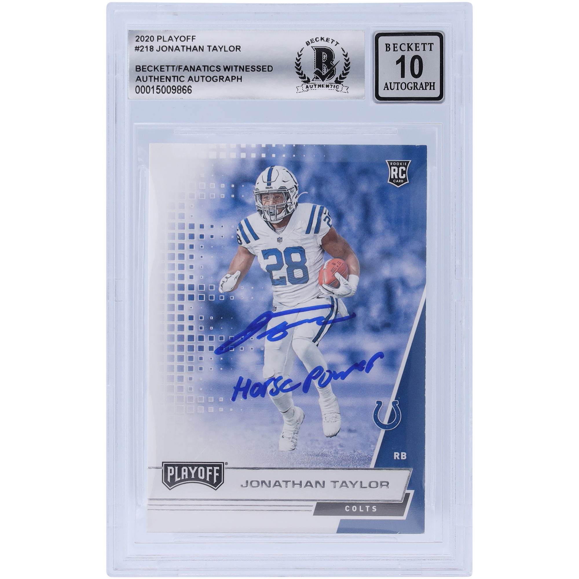 Jonathan Taylor, Indianapolis Colts, signierte 2020 Panini Playoff #218, Beckett Fanatics bezeugte authentifizierte 10 Rookie-Karte mit „Horse Power“-Aufschrift