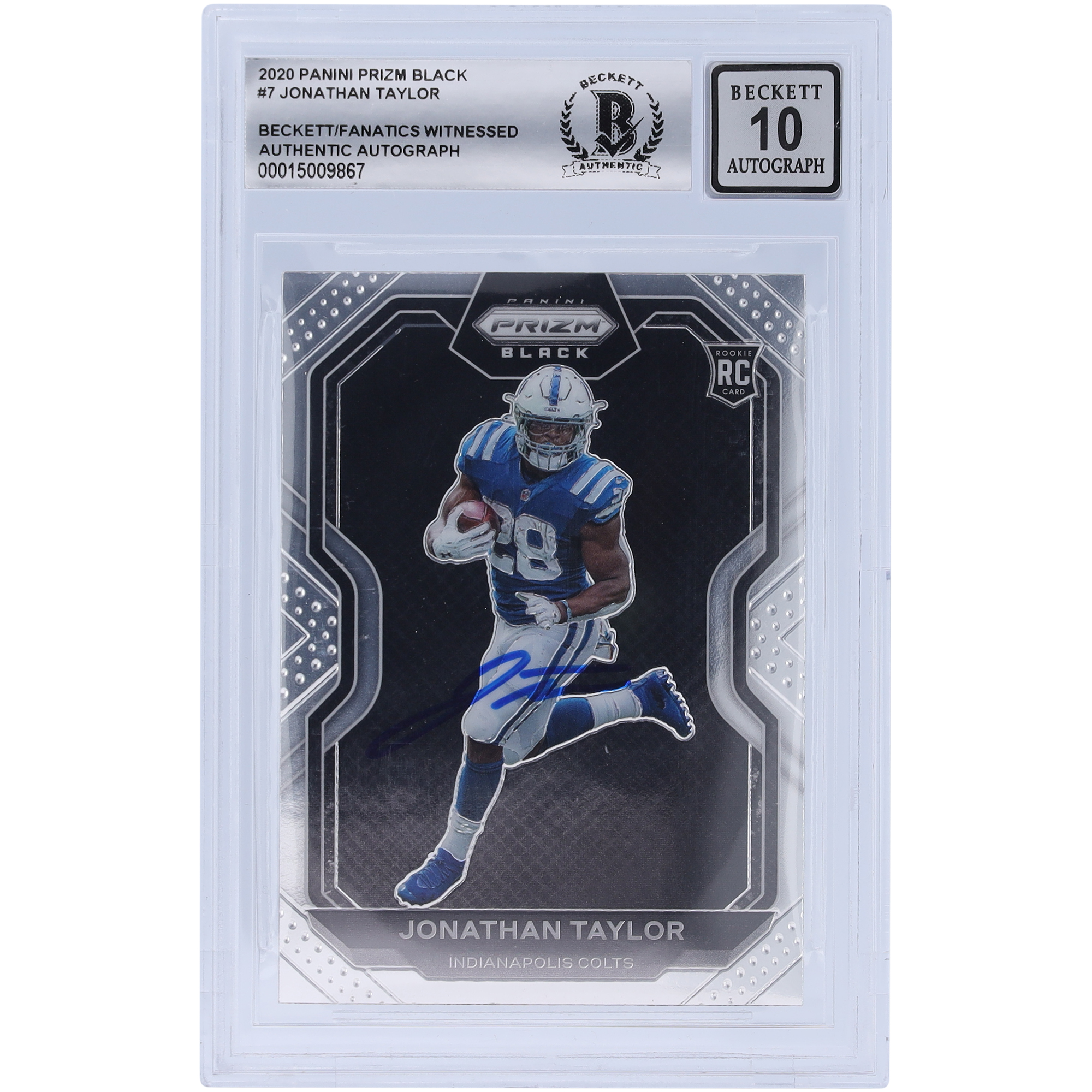 Panini America Jonathan Taylor Indianapolis Colts signiert 2020 Panini Chronicles Prizm Black #PB-7 Beckett Fanatics bezeugt authentifiziert 10 Rookie-Karte