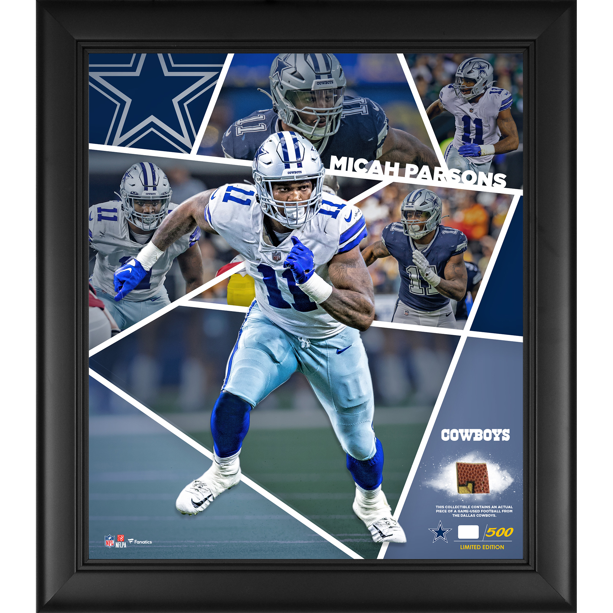 Micah Parsons Dallas Cowboys – gerahmte Collage mit Impact-Player-Motiv, 38,1 x 43,2 cm, mit einem Stück eines beim Spiel verwendeten Footballs – limitierte Auflage von 500 Stück