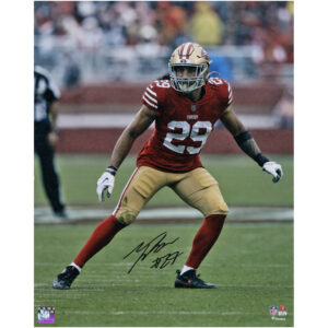 Talanoa Hufanga, San Francisco 49ers, signiertes scharlachrotes Defensive-Stance-Foto, 16 x 20 Zoll