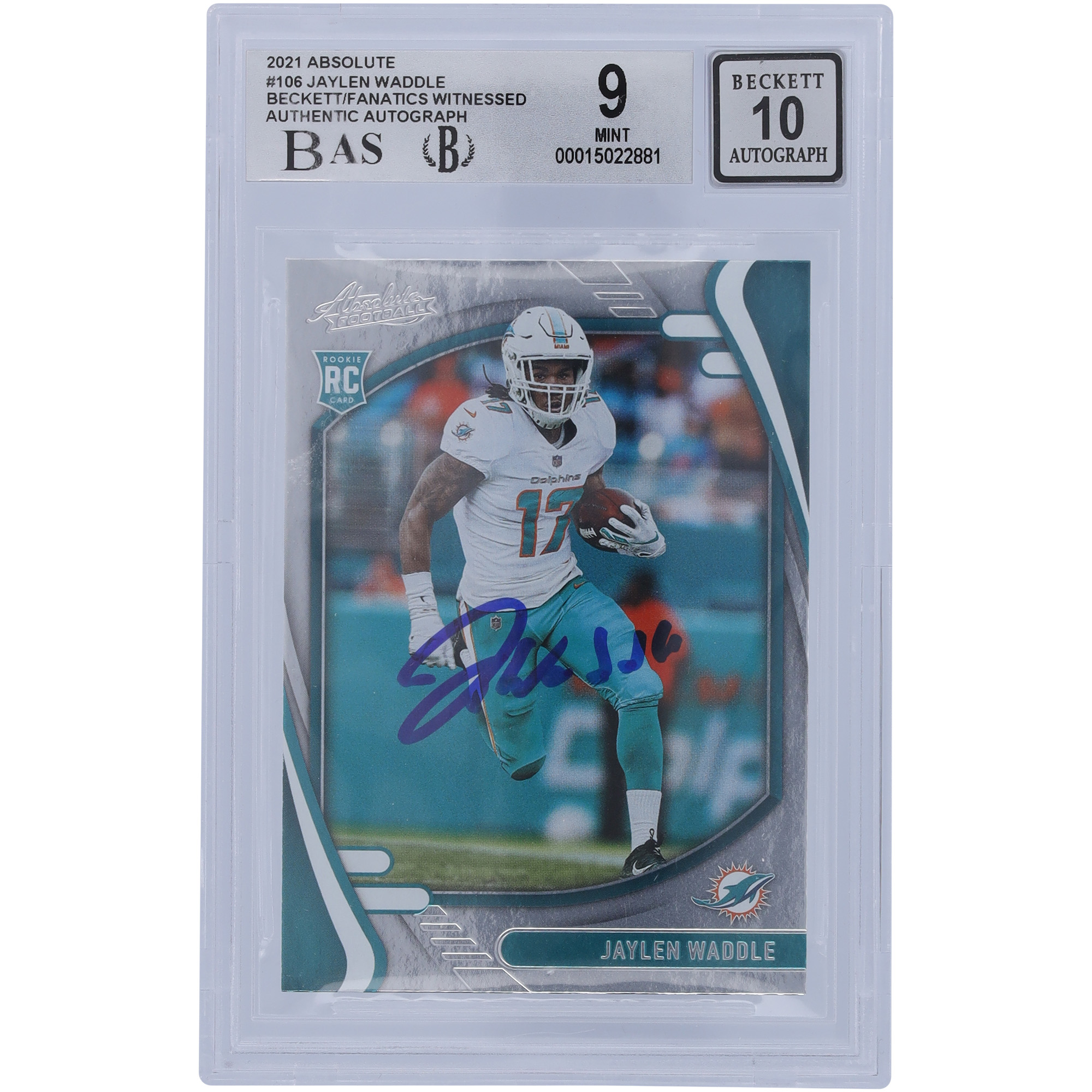 Jaylen Waddle Miami Dolphins signierte 2021 Panini Absolute #106 Beckett Fanatics bezeugte authentifizierte 9/10 Rookie-Karte – 9,5/9/9/9 Untergrade