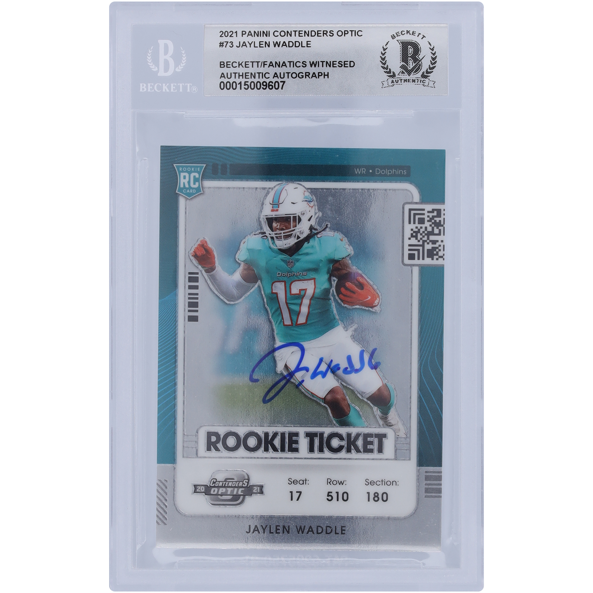 Jaylen Waddle Miami Dolphins signiertes 2021 Panini Contenders Optic Rookie Ticket #73 Beckett Fanatics bezeugte authentifizierte 10 Rookie-Karte