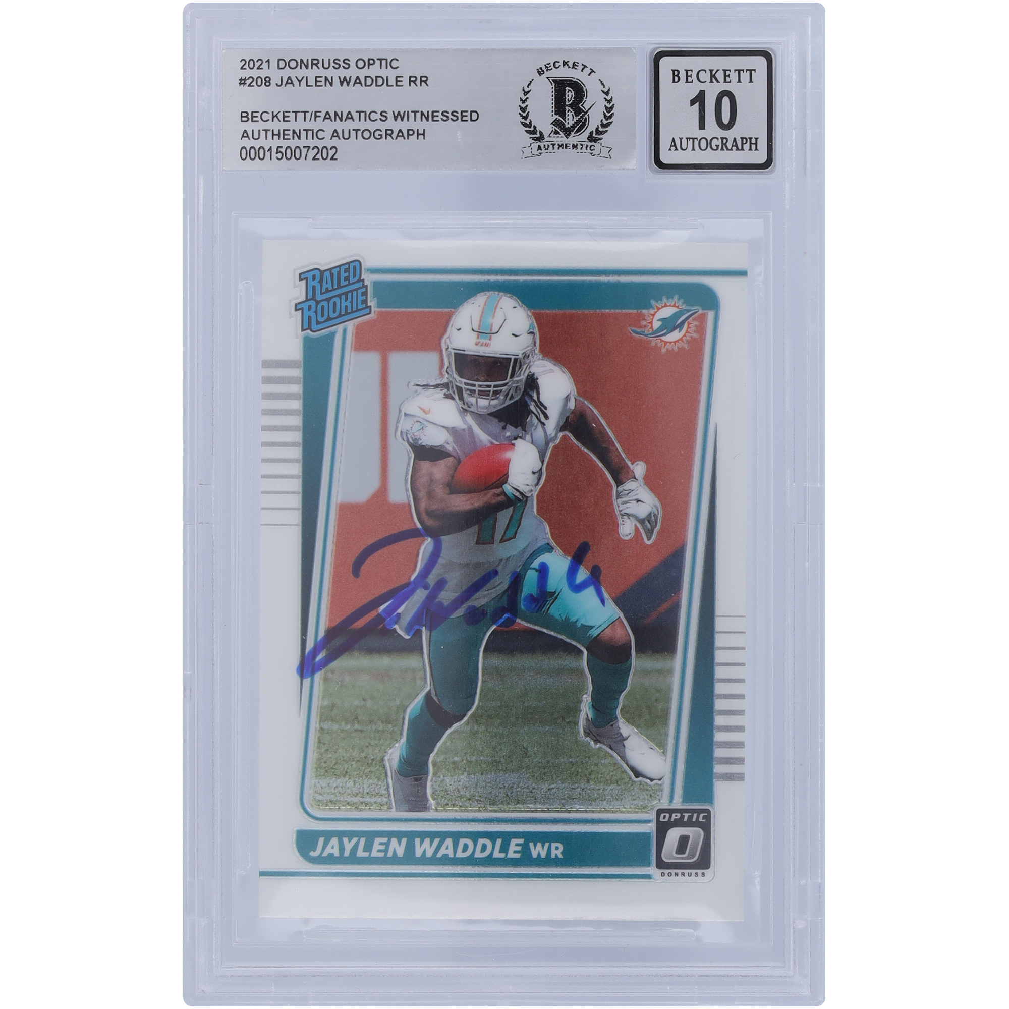 Jaylen Waddle Miami Dolphins signiert 2021 Panini Donruss Optic #208 Beckett Fanatics bezeugt authentifiziert 10 Rookie-Karte