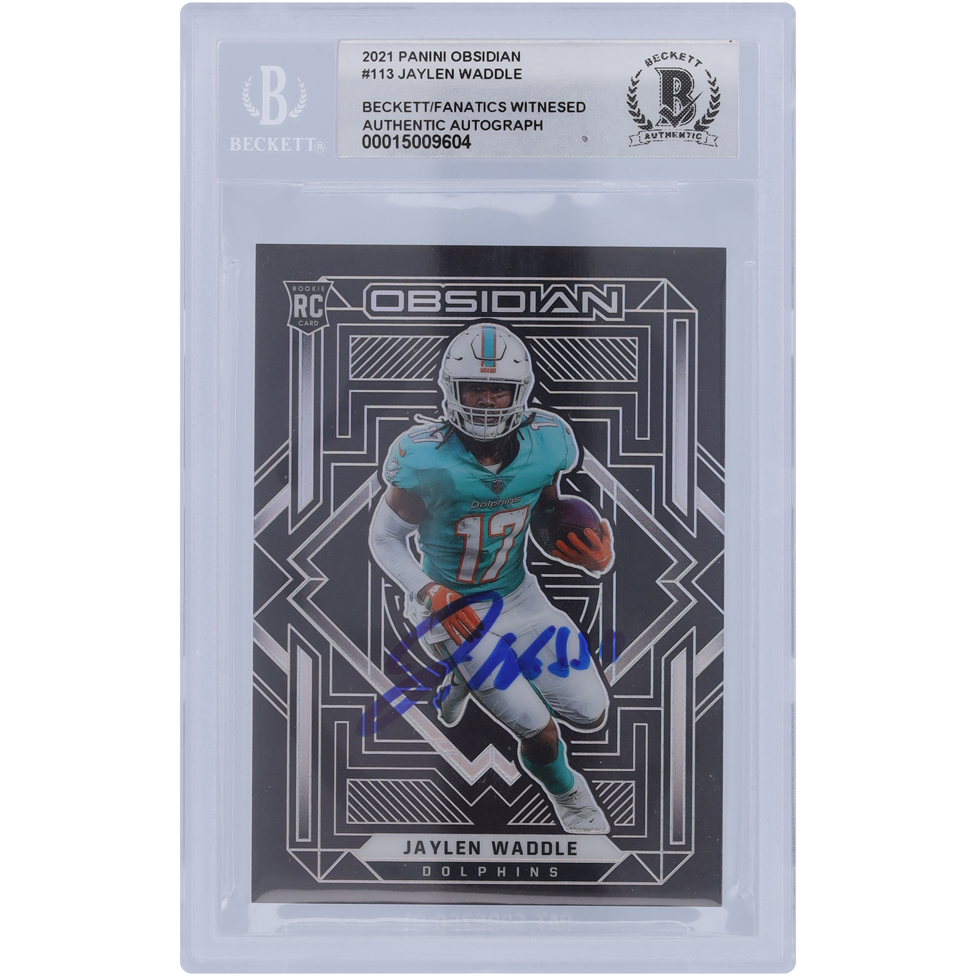 Jaylen Waddle Miami Dolphins signiert 2021 Panini Obsidian #113 Beckett Fanatics bezeugt authentifiziert 10 Rookie-Karte