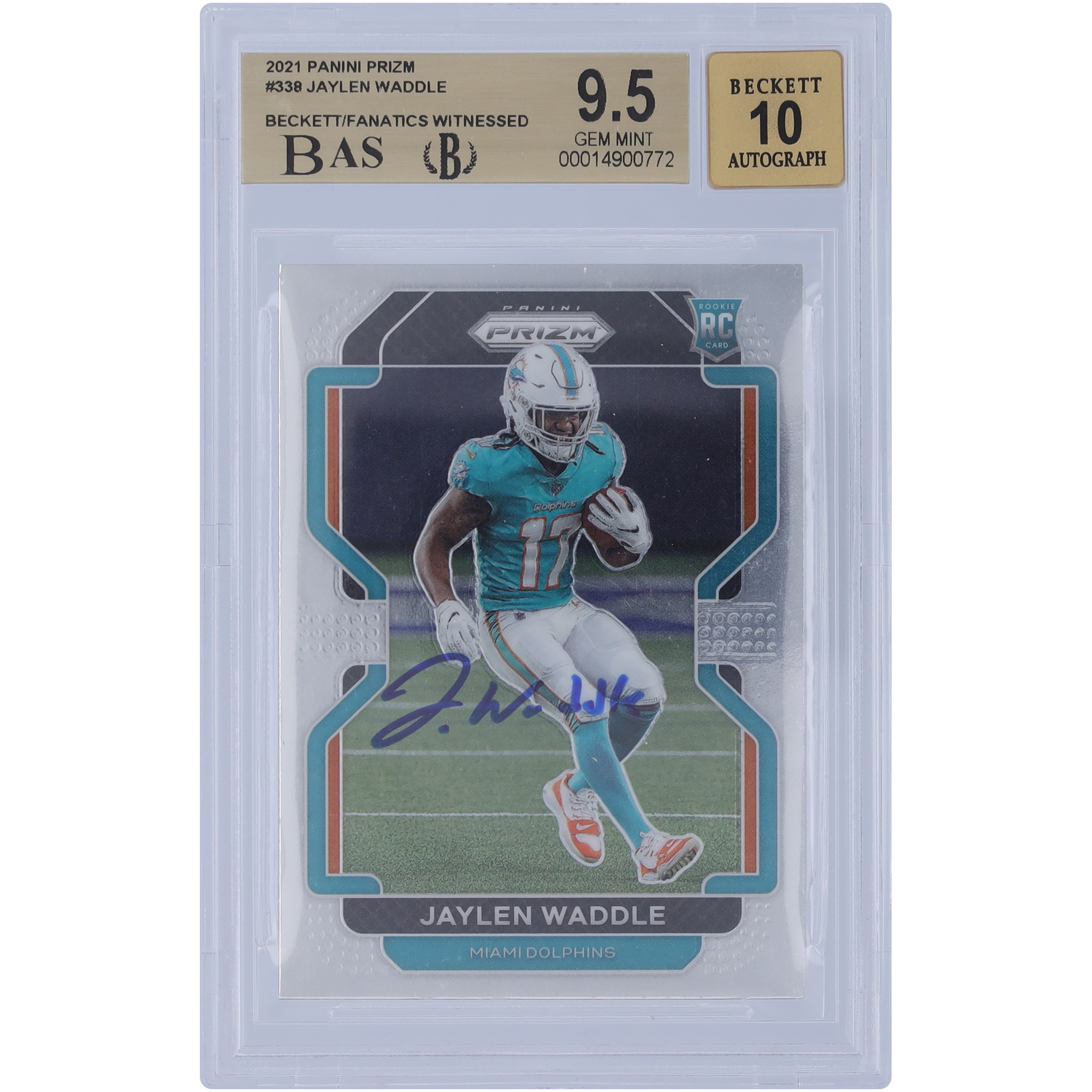 Jaylen Waddle Miami Dolphins signiert 2021 Panini Prizm #338 Beckett Fanatics bezeugt authentifiziert 9,5/10 Rookie-Karte – 9,5/9,5/9,5/9 Unterbewertungen