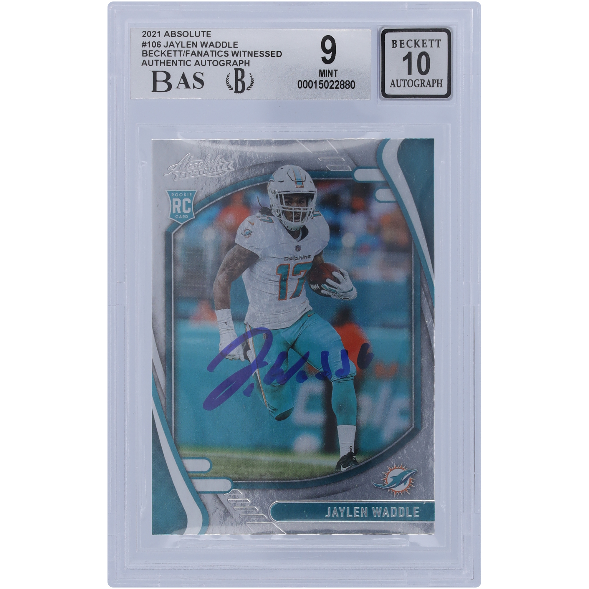 Jaylen Waddle Miami Dolphins signierte 2021 Panini Absolute #106 Beckett Fanatics bezeugte authentifizierte 9/10 Rookie-Karte – 9,5/9/9/8,5 Untergrade