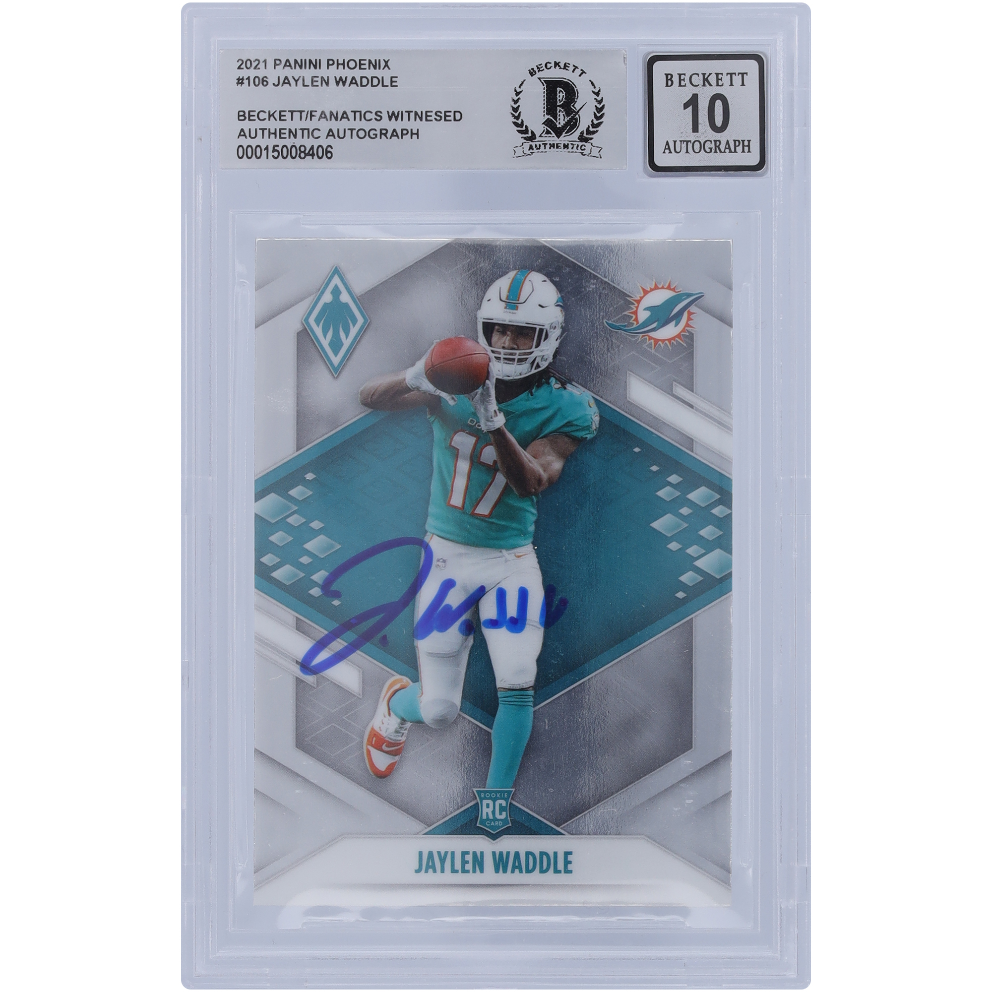 Jaylen Waddle Miami Dolphins signiert 2021 Panini Phoenix #106 Beckett Fanatics bezeugt authentifiziert 10 Rookie-Karte