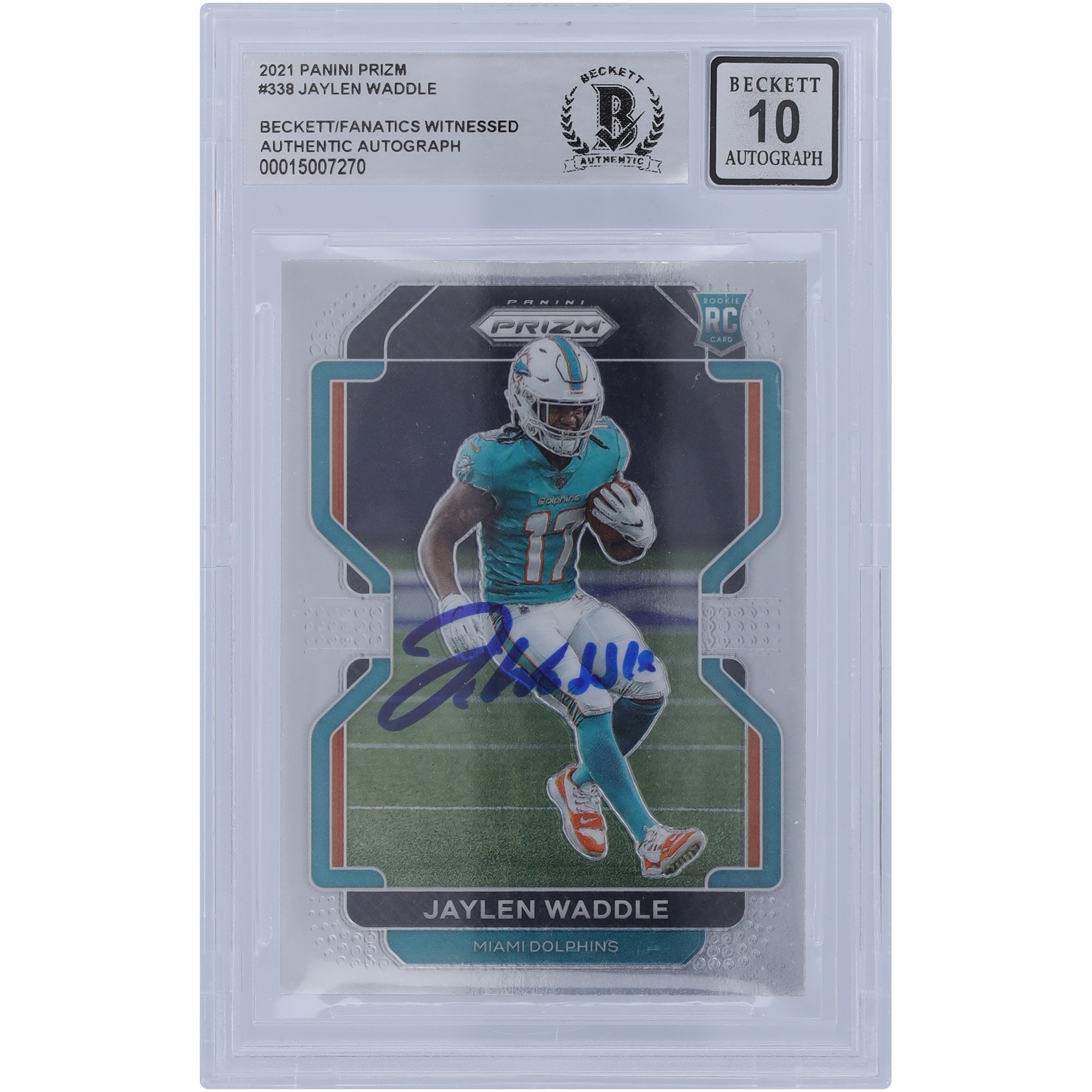 Jaylen Waddle Miami Dolphins signiert 2021 Panini Prizm #338 Beckett Fanatics bezeugt authentifiziert 10 Rookie-Karte