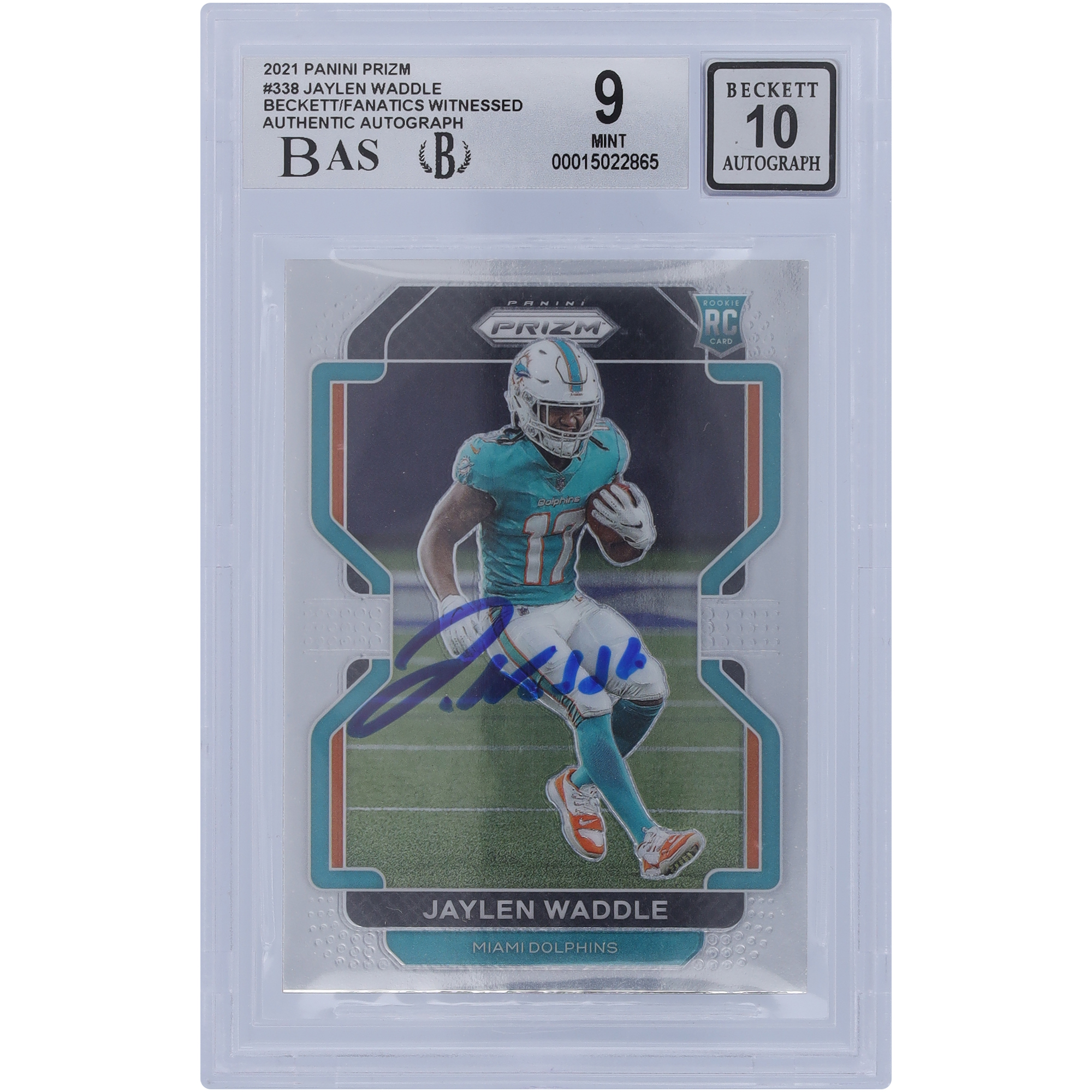 Jaylen Waddle Miami Dolphins signierte 2021 Panini Prizm #338 Beckett Fanatics bezeugte authentifizierte 9/10 Rookie-Karte – 9,5/9,5/9,5/8,5