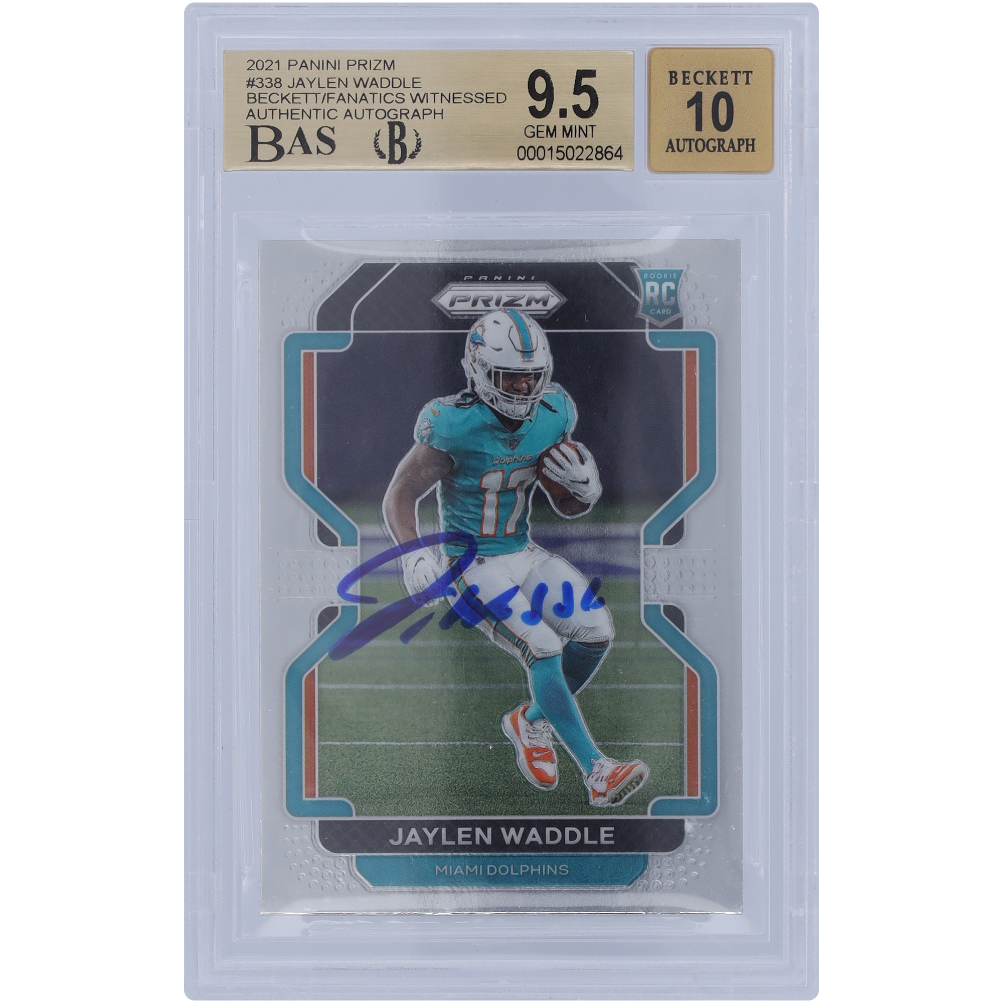 Jaylen Waddle Miami Dolphins signiert 2021 Panini Prizm #338 Beckett Fanatics bezeugt authentifiziert 9,5/10 Rookie-Karte – 9,5/9/9,5/9,5 Untergrades