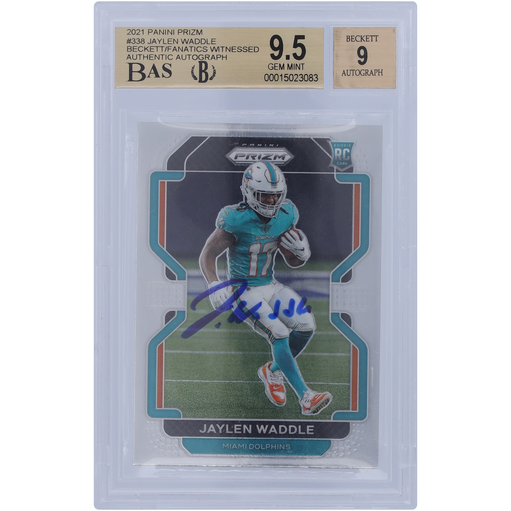 Jaylen Waddle Miami Dolphins signiert 2021 Panini Prizm #338 Beckett Fanatics bezeugt authentifiziert 9,5/9 Rookie-Karte – 9/9,5/9,5/9,5 Untergrades