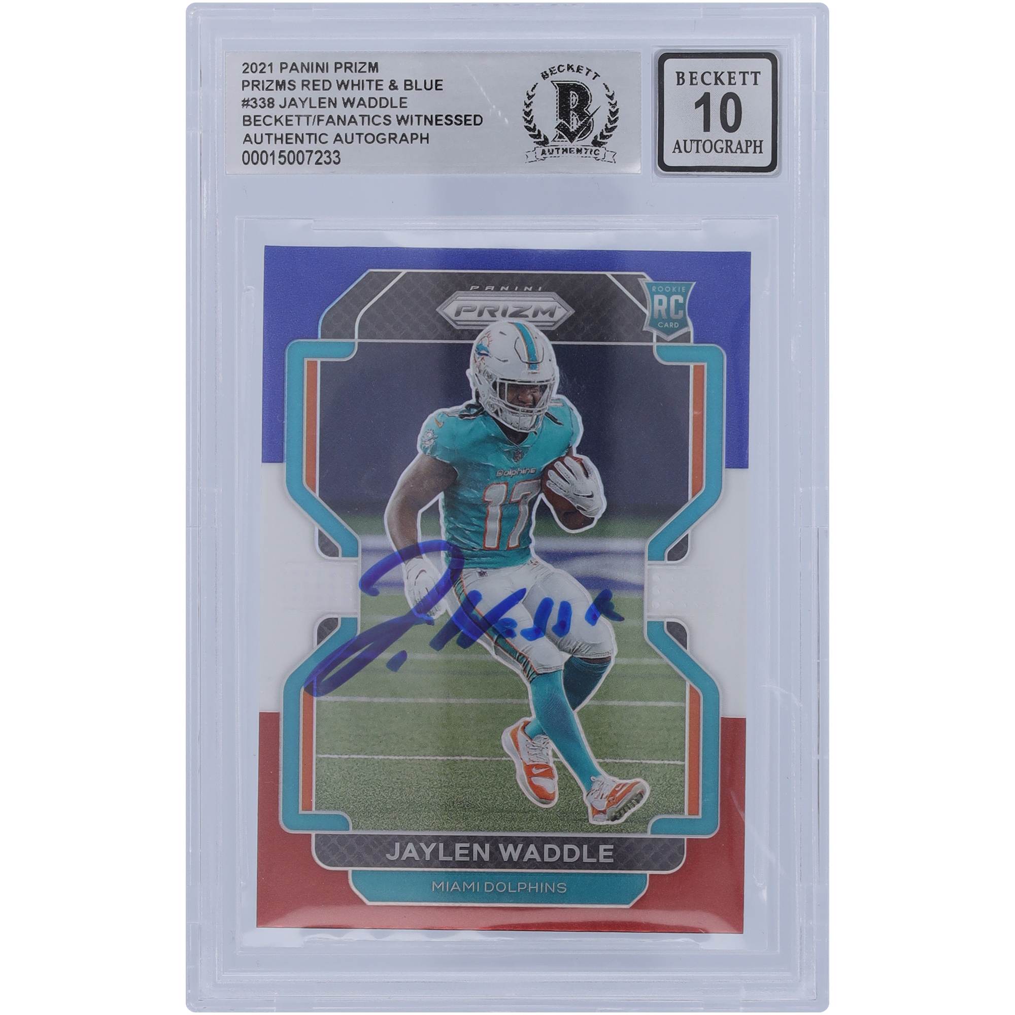 Jaylen Waddle Miami Dolphins signiert 2021 Panini Prizm Rot Weiß Blau #338 Beckett Fanatics Zeuge authentifiziert 10 Rookie-Karte