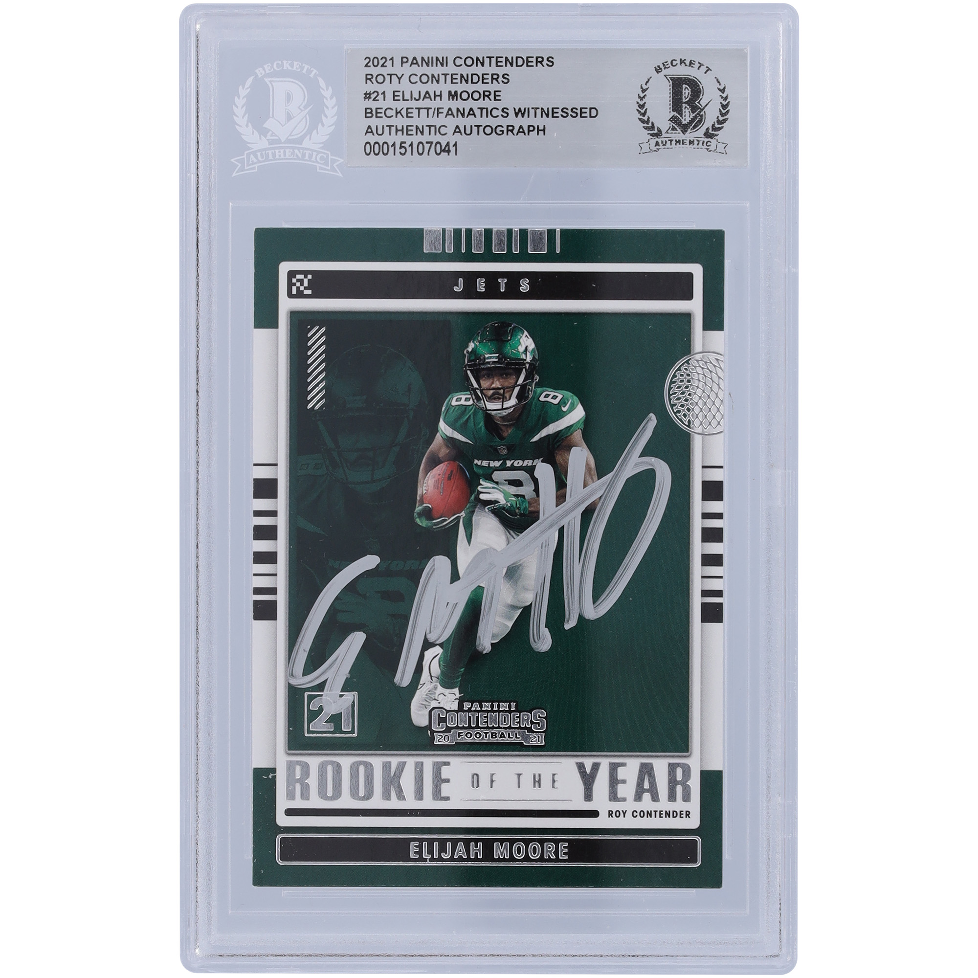 Elijah Moore New York Jets signierte 2021 Panini Contenders ROY Contenders #ROY-EMO Beckett Fanatics bezeugte authentifizierte Rookie-Karte