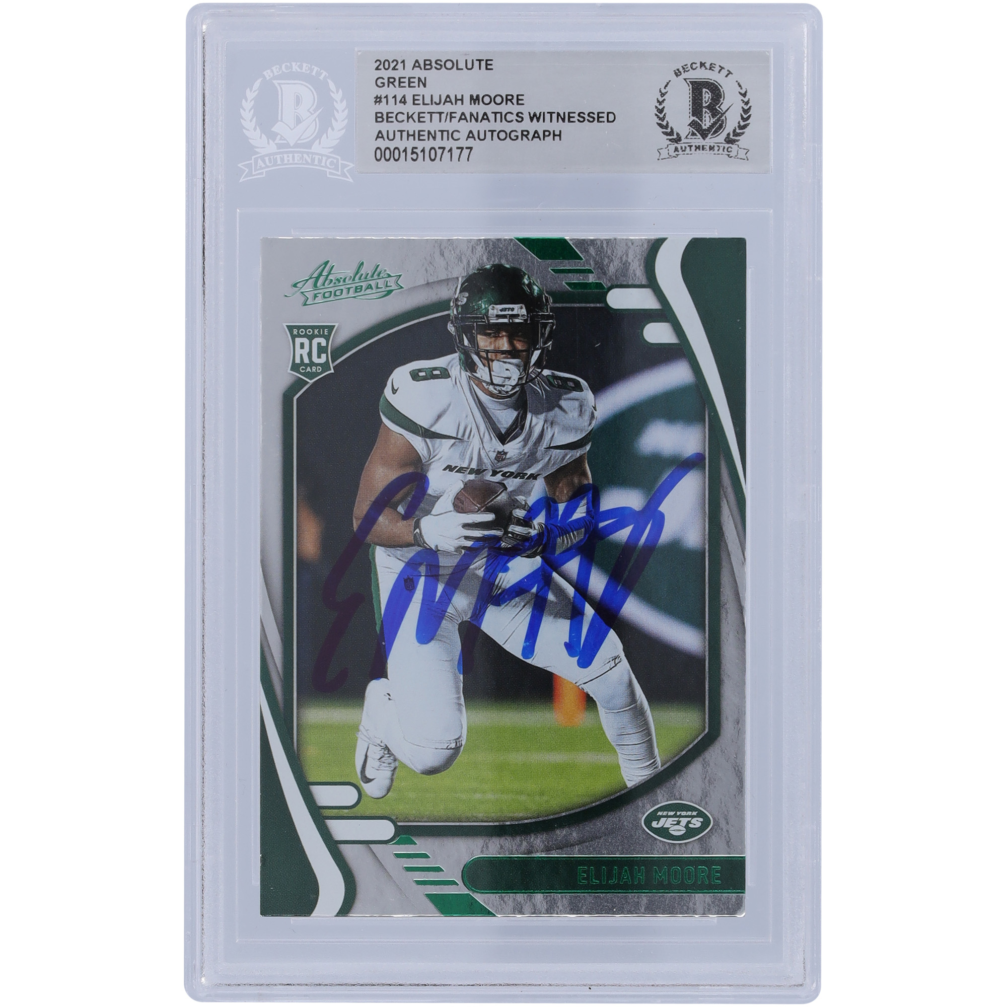 Elijah Moore New York Jets signierte 2021 Panini Absolute Green #114 Beckett Fanatics bezeugte authentifizierte Rookie-Karte