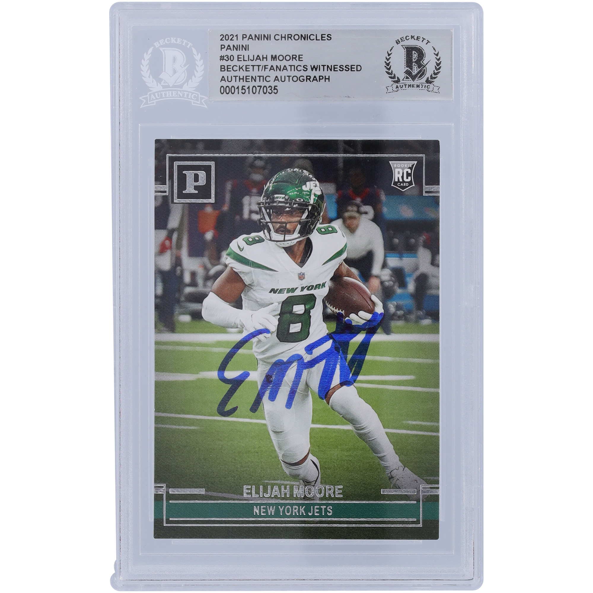 Elijah Moore New York Jets signierte 2021 Panini Chronicles #PA-30 Beckett Fanatics bezeugte authentifizierte Rookie-Karte