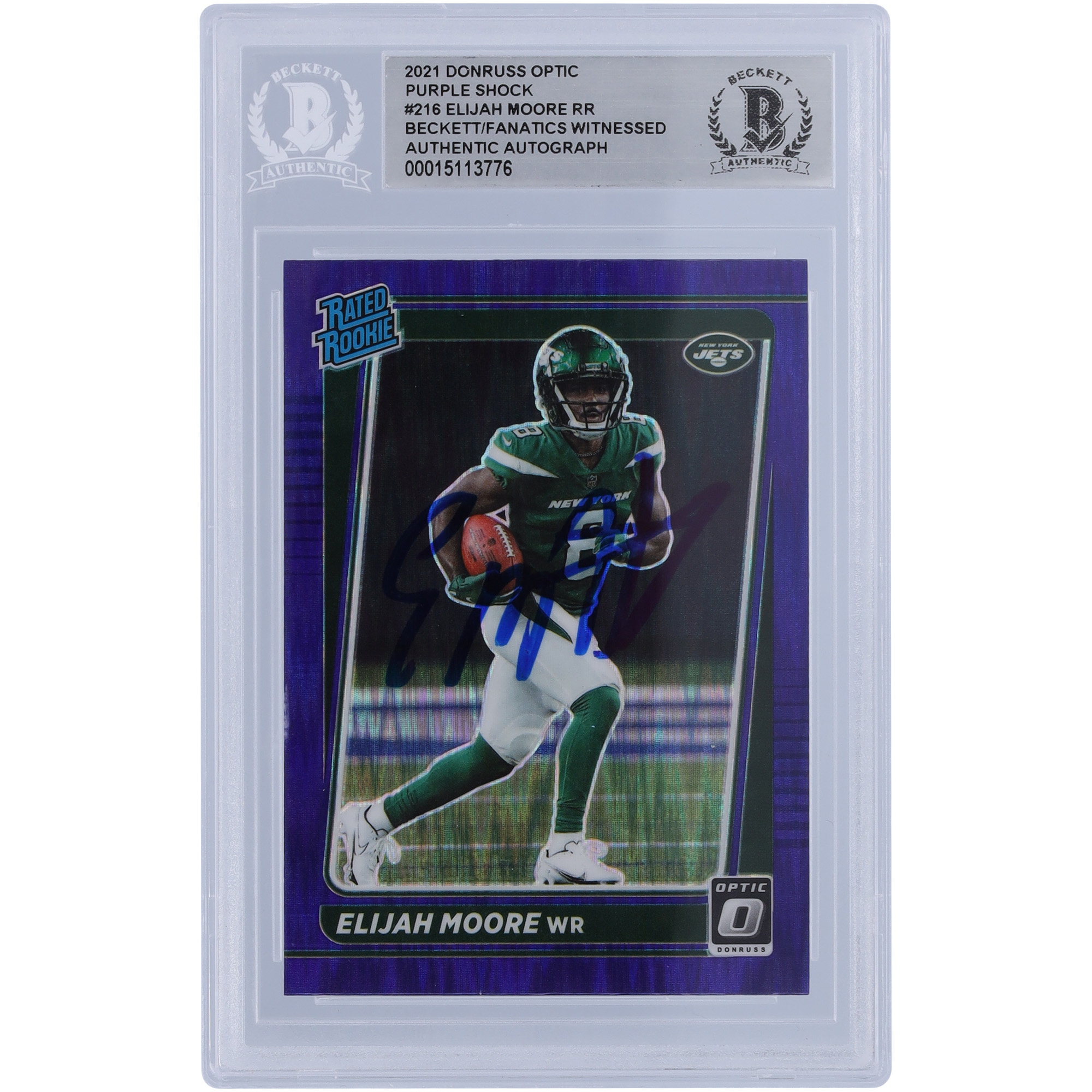 Elijah Moore, New York Jets, signierte 2021 Panini Donruss Optic Purple Shock Rated Rookie #216, Beckett Fanatics bezeugte authentifizierte Rookie-Karte