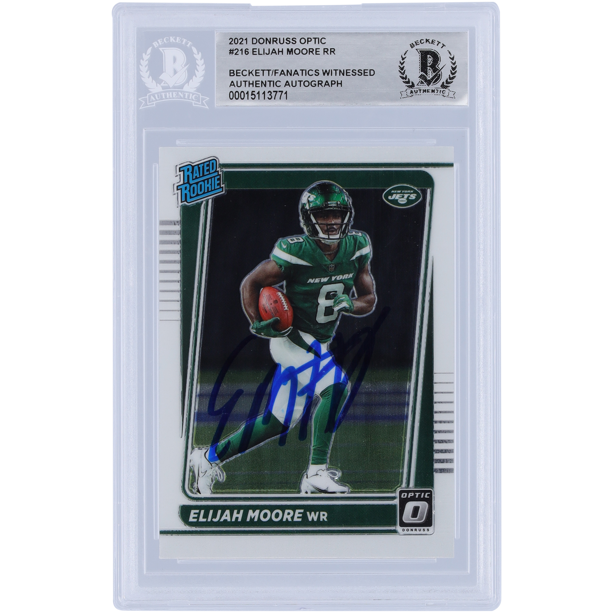 Elijah Moore, New York Jets, signierte 2021 Panini Donruss Optic Rated Rookie #216, von Beckett Fanatics bezeugte authentifizierte Rookie-Karte