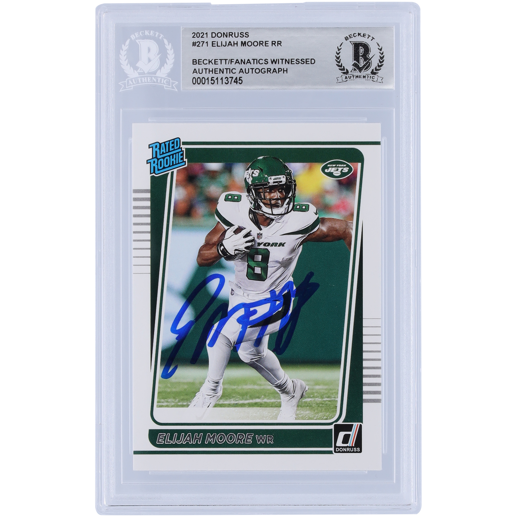 Elijah Moore, New York Jets, signierte 2021 Panini Donruss Rookie #271, Beckett Fanatics bezeugte authentifizierte Rookie-Karte