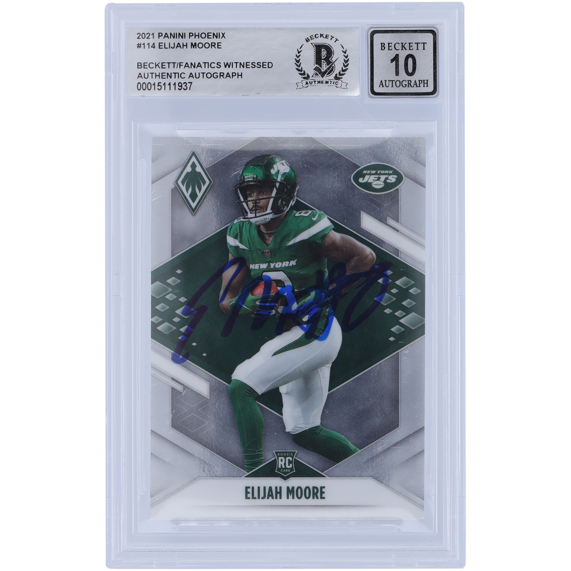 Elijah Moore New York Jets signiert 2021 Panini Phoenix #114 Beckett Fanatics bezeugt authentifiziert 10 Rookie-Karte