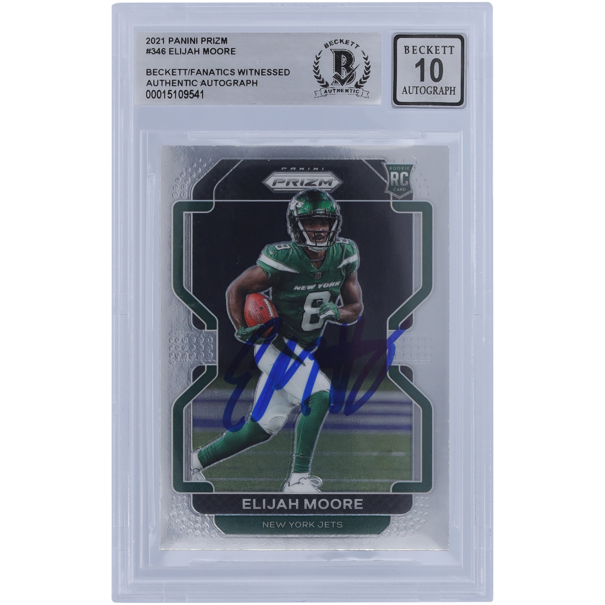 Elijah Moore, New York Jets, signierte 2021 Panini Prizm #346 Beckett Fanatics, bezeugte authentifizierte 10 Rookie-Karte