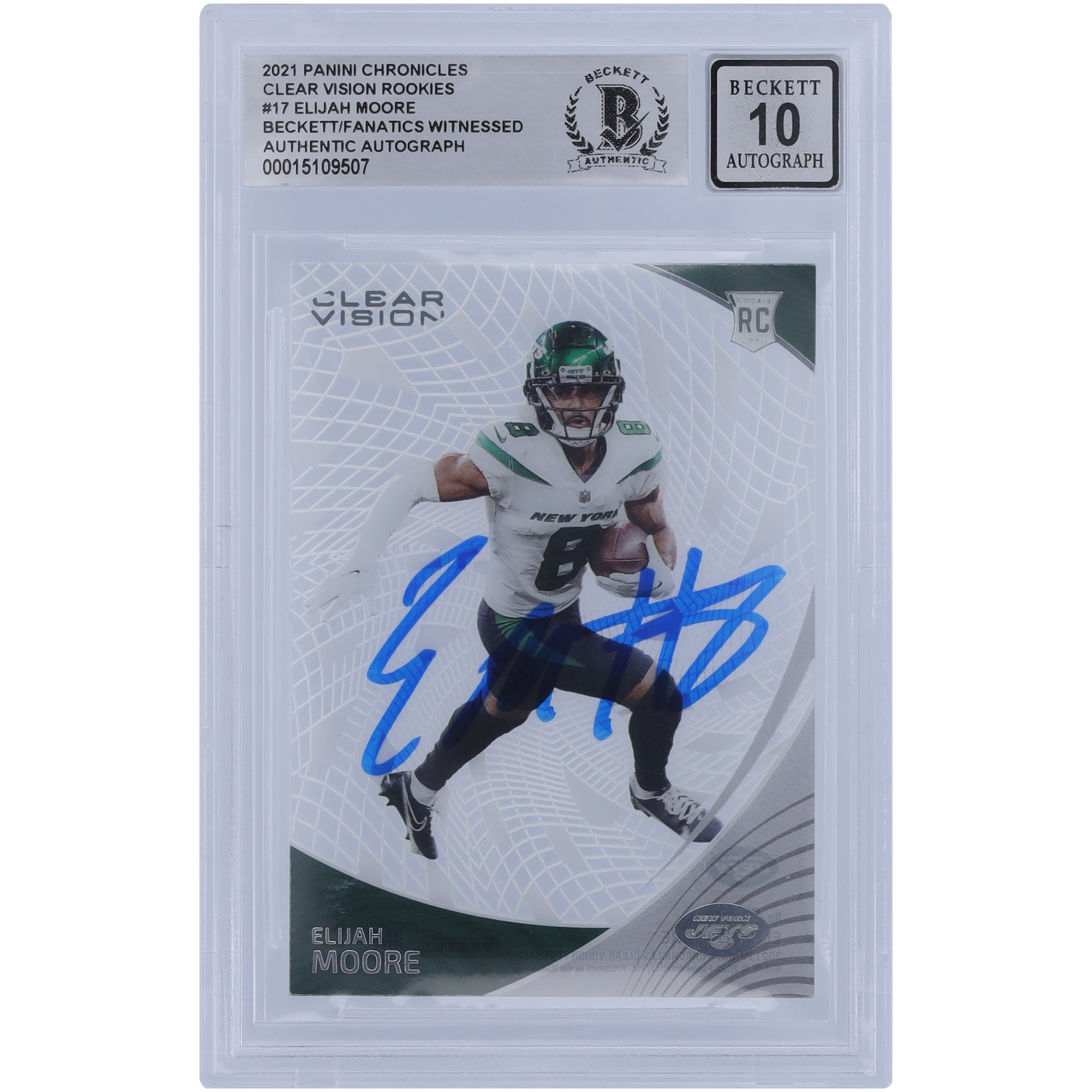 Elijah Moore New York Jets signiert 2021 Panini Chronicles Clear Vision #CVR-17 Beckett Fanatics Zeuge authentifizierte 10 Rookie-Karte