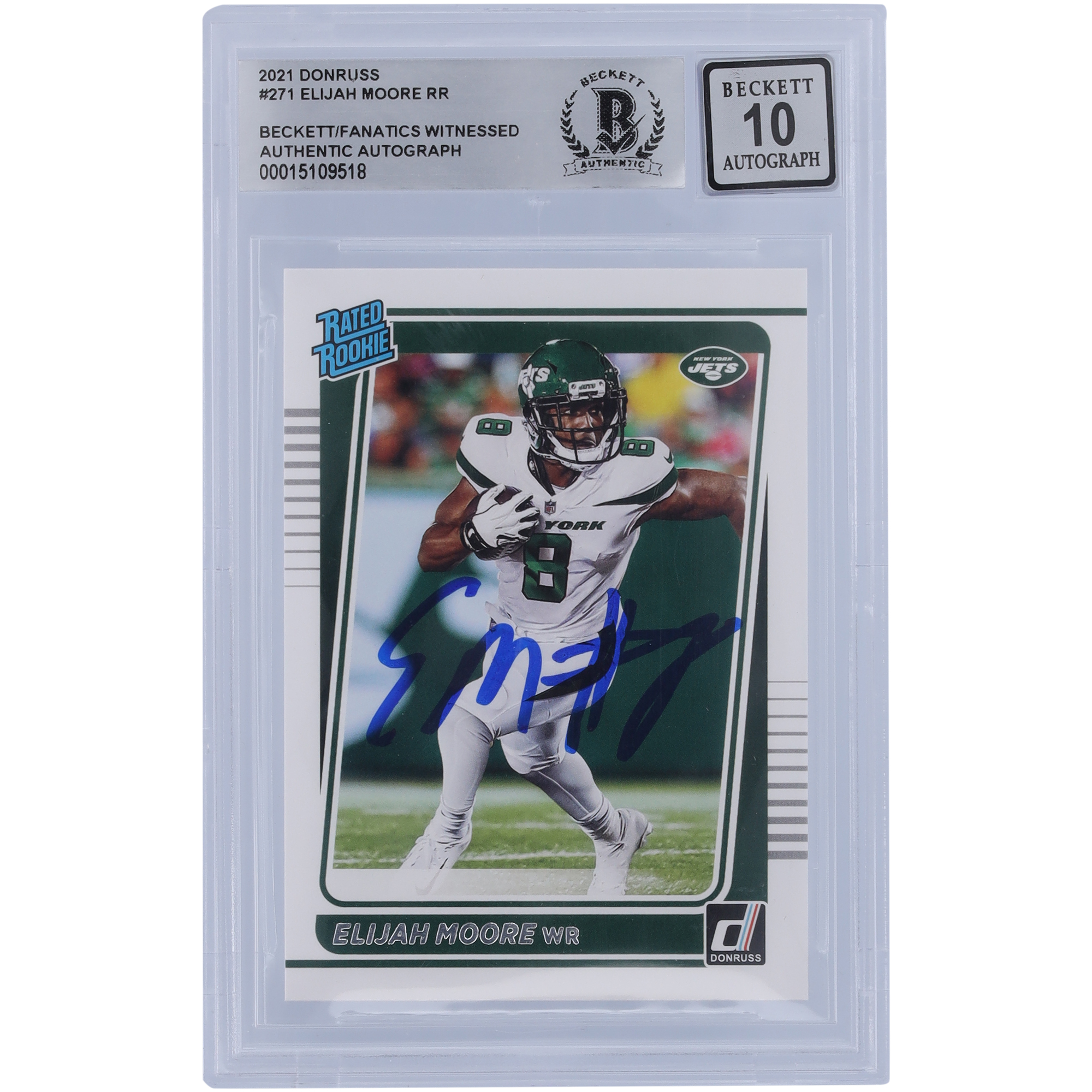 Elijah Moore, New York Jets, signierte 2021 Panini Donruss Rookie #271, Beckett Fanatics bezeugte authentifizierte 10 Rookie-Karte