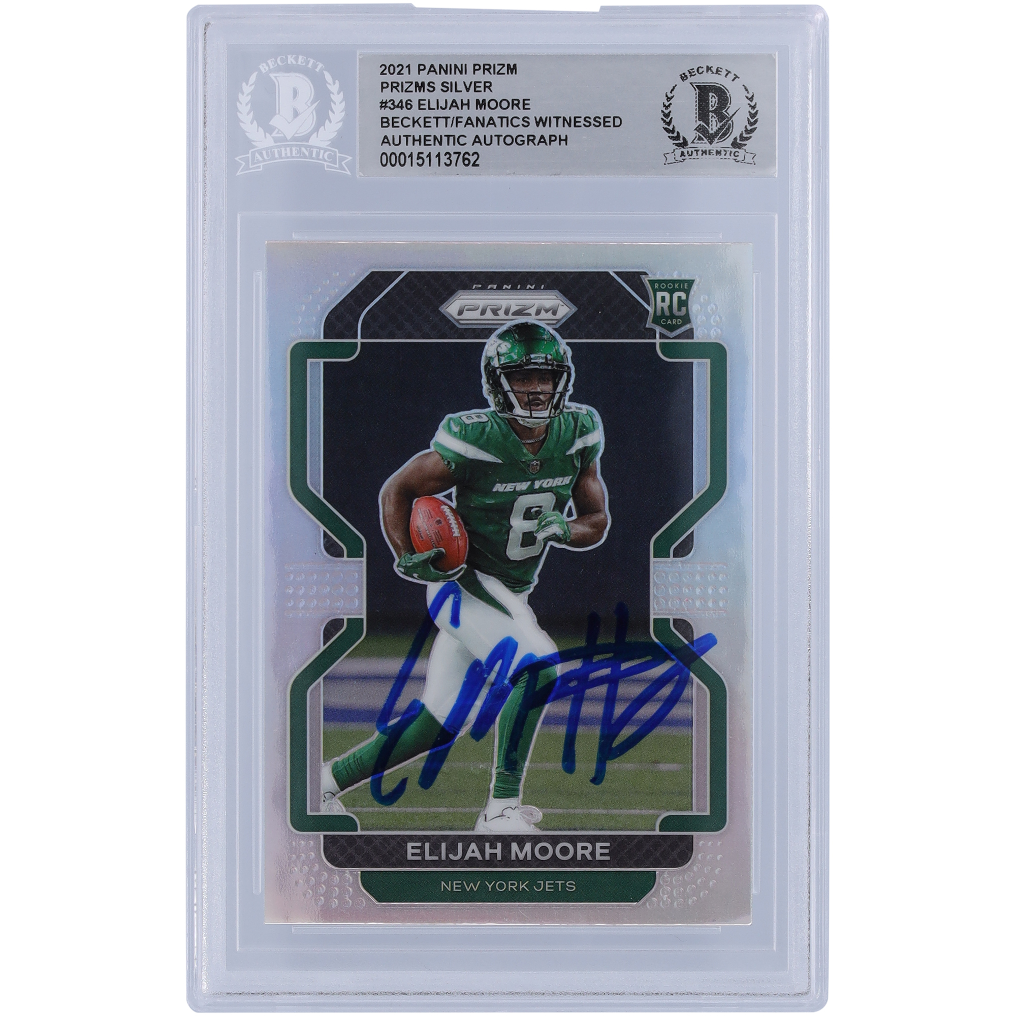 Elijah Moore, New York Jets, signierte 2021 Panini Prizm Silver #346 Beckett Fanatics, bezeugte authentifizierte Rookie-Karte