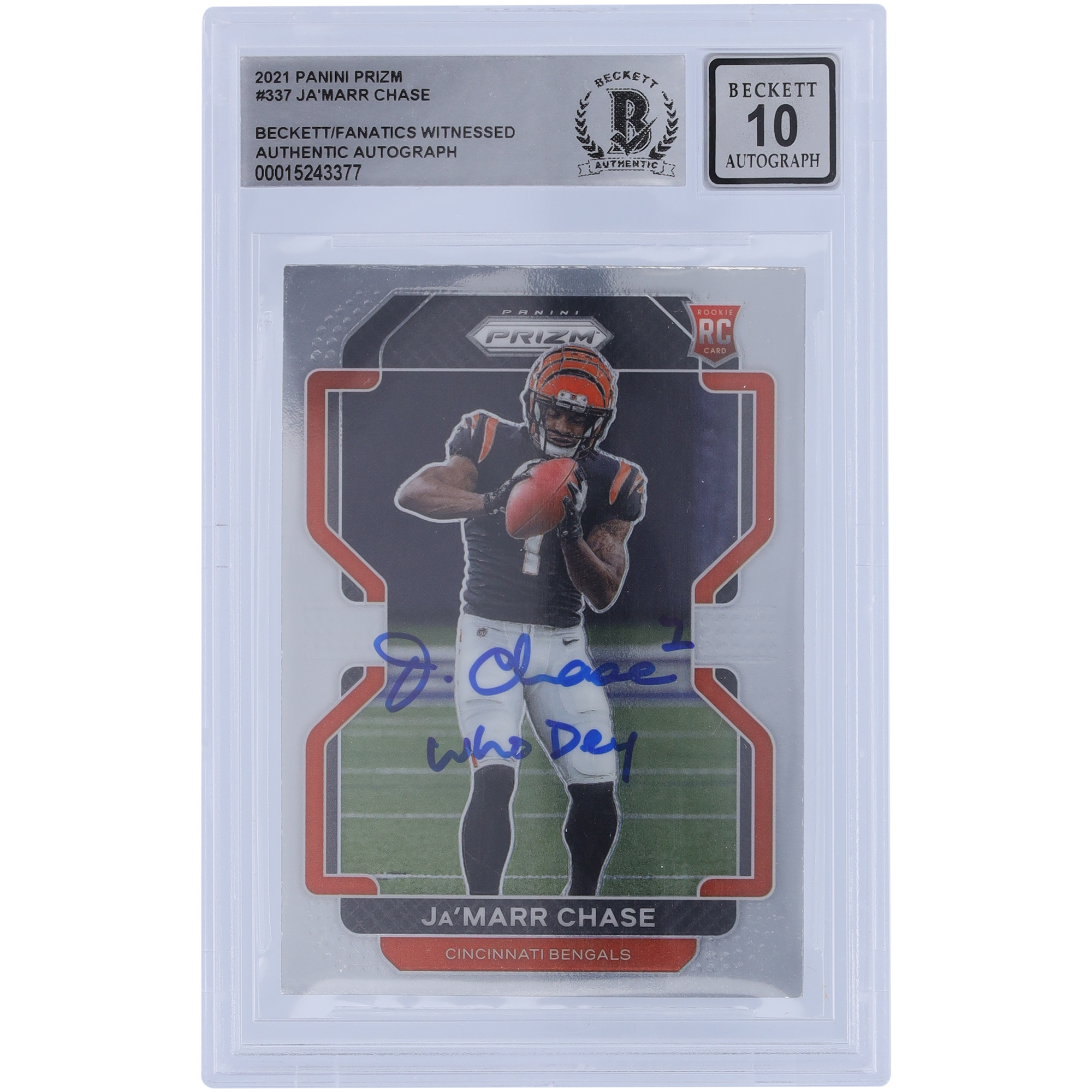 Ja’Marr Chase Cincinnati Bengals signierte 2021 Panini Prizm #337 Beckett Fanatics bezeugte authentifizierte 10 Rookie-Karte mit „Who Dey“-Aufschrift